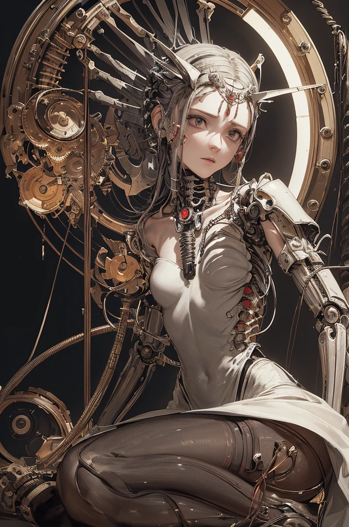 ((((masterpiece))), ((best quality))), ((ultra-detailed)), (CG illustration), ((an extremely delicate and beautiful)),(from side),cinematic light, ((1 mechanical girl)), single, full-body, (machine-made joint: 1.2), ( (mechanical limbs)), (blood vessels connected to tubes), (mechanical spine connected to back), ((mechanical cervical vertebrae attached to neck)), (sitting), forced laughter, (wires and cables around the neck: 1.2), (wires and cables on the head: 1.2) (character focus), sci-fi, extremely thin, colored, the finest white hair, red eyes, in battle, (knotted), (killing), (1 immortal)