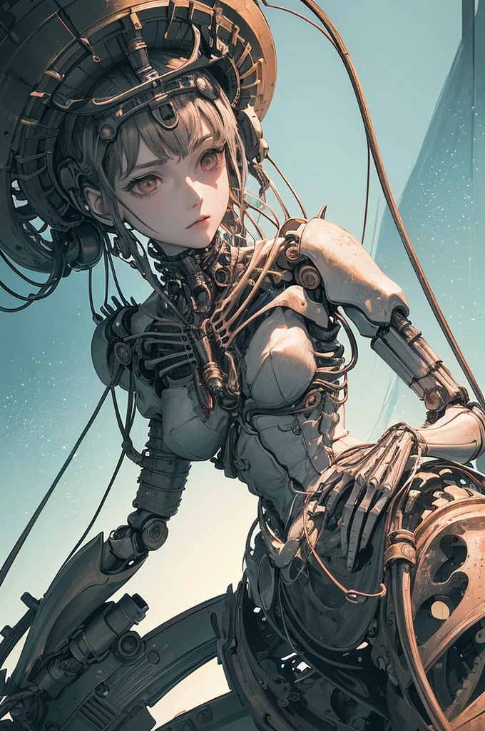 (((masterpiece))), (((Highest quality))), ((Super detailed)), (Highly detailed CG illustrations), ((Very delicate and beautiful)),(Cute and delicate face),Cinematic Light,((1. Mechanical Girl)),alone,Full Body Lesbian,(Machine made joints:1.4),((Mechanical Limbs)),(Blood vessel attached to a tube),((Mechanical vertebrae attached to the back)),((Cervical vertebrae mechanically attached to the neck)),((Sitting)),Expressionless,(Wires and cables attached to head and body:1.5),(Character Focus),sf