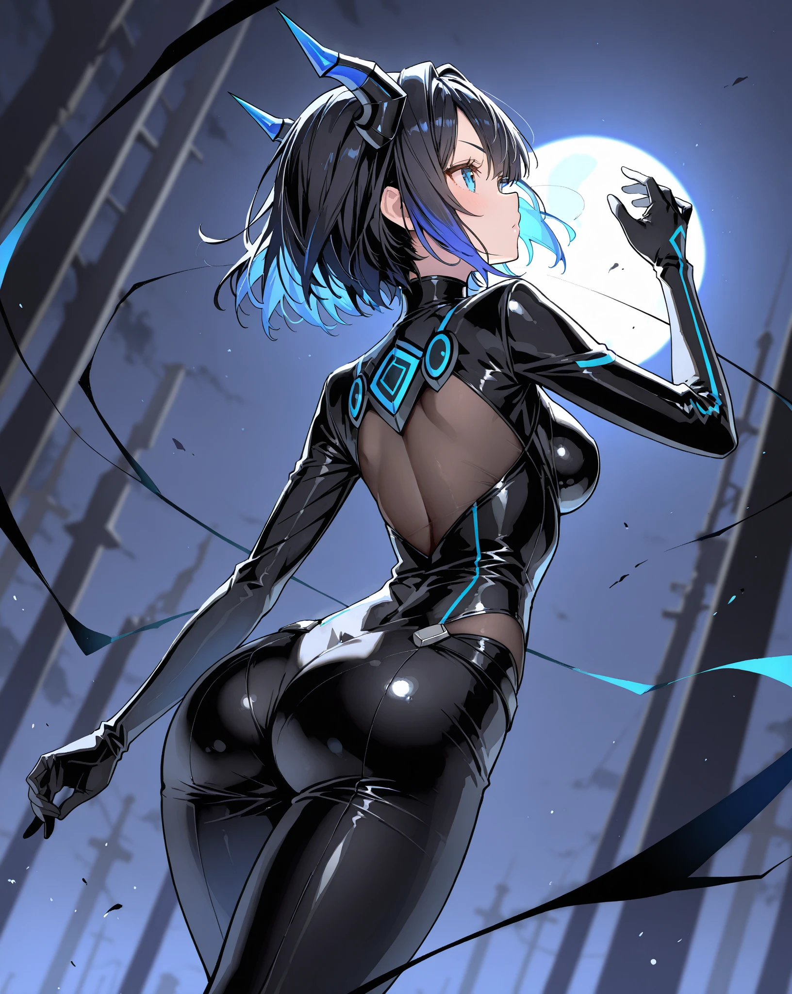 Masterpiece, Beautiful art, professional artist, 8k, art style by sciamano240, Very detailed face, Detailed clothing, detailed fabric, 1 girl, Soul Fullness \(Honkai Impact 3rd\), view from behind, perfect ass, kneeling, pose sexy, perfectly drawn body, shy expression, 4k eyes, very detailed eyes, pale skin, beautiful face, short dark blue hair, (shiny black tight bodysuit), black gloves, gloves that cover hands, Sensual Lips , evening de invierno, show details in the eyes, looking at the viewer, Dark road, dark forest, evening, Atmosphere, fog