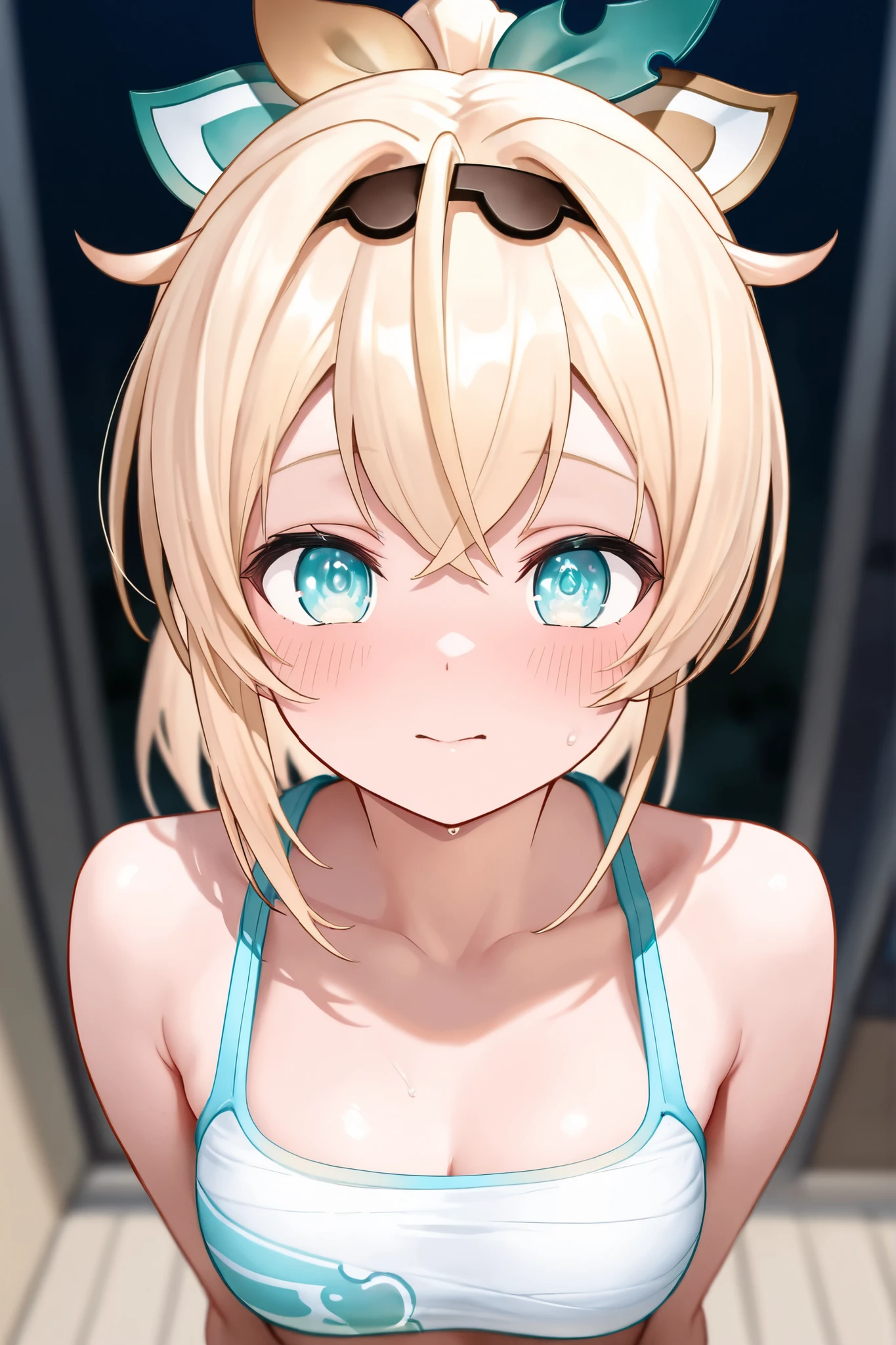 High Resolution, Best Quality, Slender Beautiful Girl, White Swimsuit, Do Not Blush, Club Room, Blonde, Short Cut, Kiss