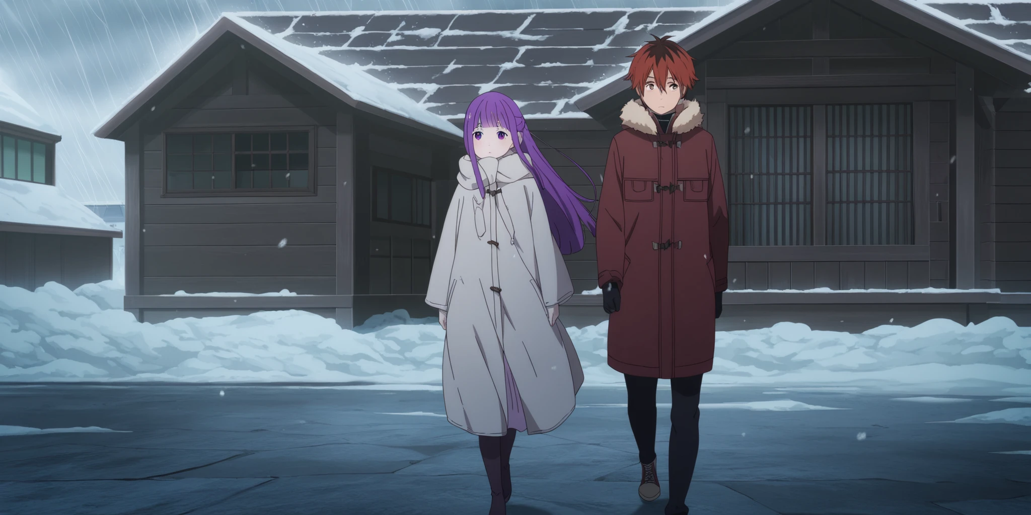 (best quality,4k,8k,highres,masterpiece:1.2),ultra-detailed,realistic,,anime,pastel colors,soft lighting,shiny skin, posing, (cold ambiance), 
soufrie,,,,,,stark, fern, , anime coloring, rezero_style, 
rezero_style, anime screencap,, ) 
 ,,,,,, outdoor, ,,, , , ,,, , walking together, House , , , , , snowstorm cold , being cold, storm, wind
