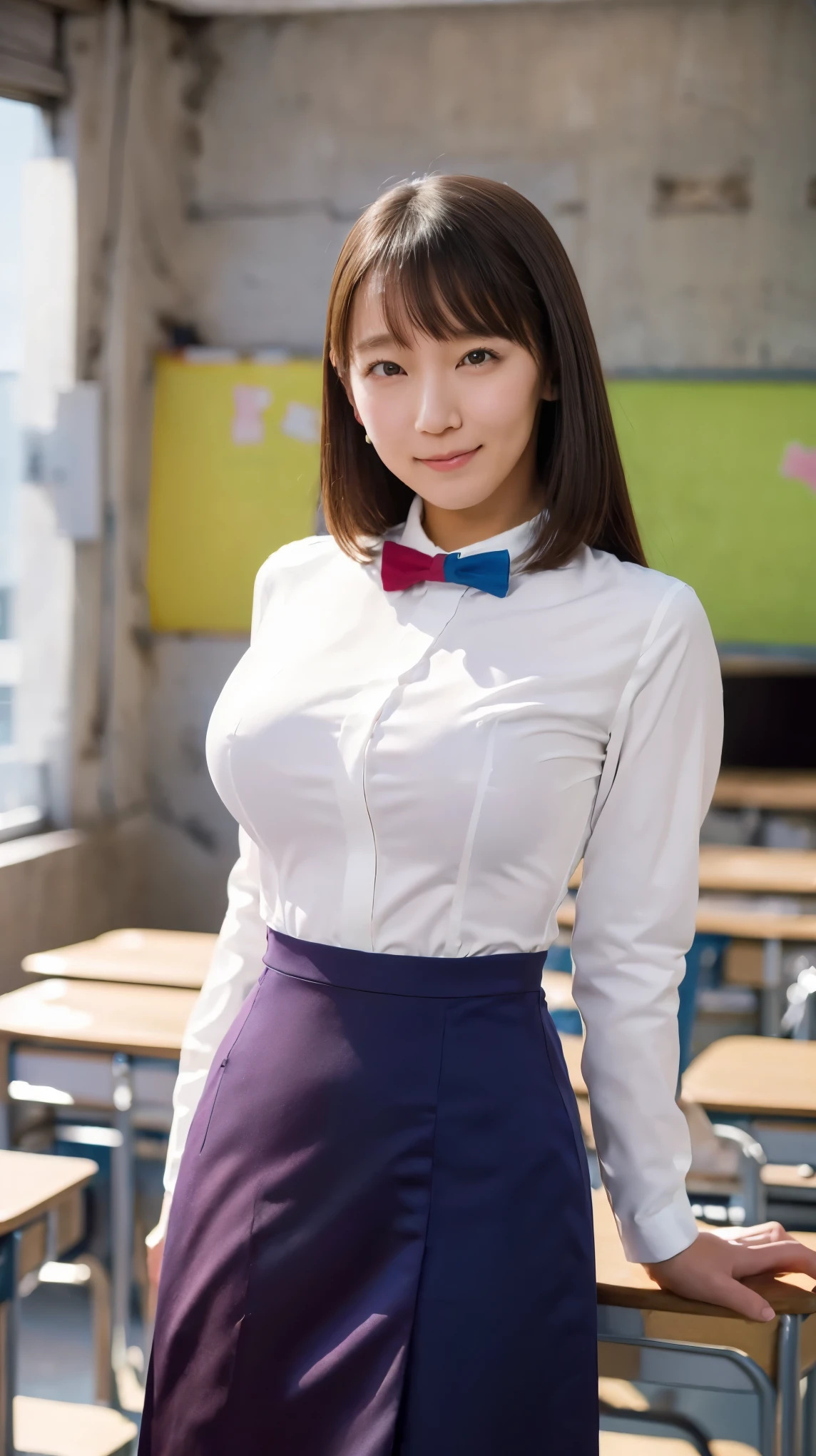 1 female、beauty,Beautiful Face,smile、,(Tight clothing、Accentuates body lines:1.5) 、(School teacher clothes:1.5),A dignified appearance,Crouch down and observe the audience、(Plump Style),((huge breasts:1.3)),(Saggy breasts:1.5)、Front view,Focus on the chest、Ultra-realistic,Ultra-high resolution,Highest quality,8k,masterpiece,The cutest Yoshioka Riho、Filmed in a school classroom