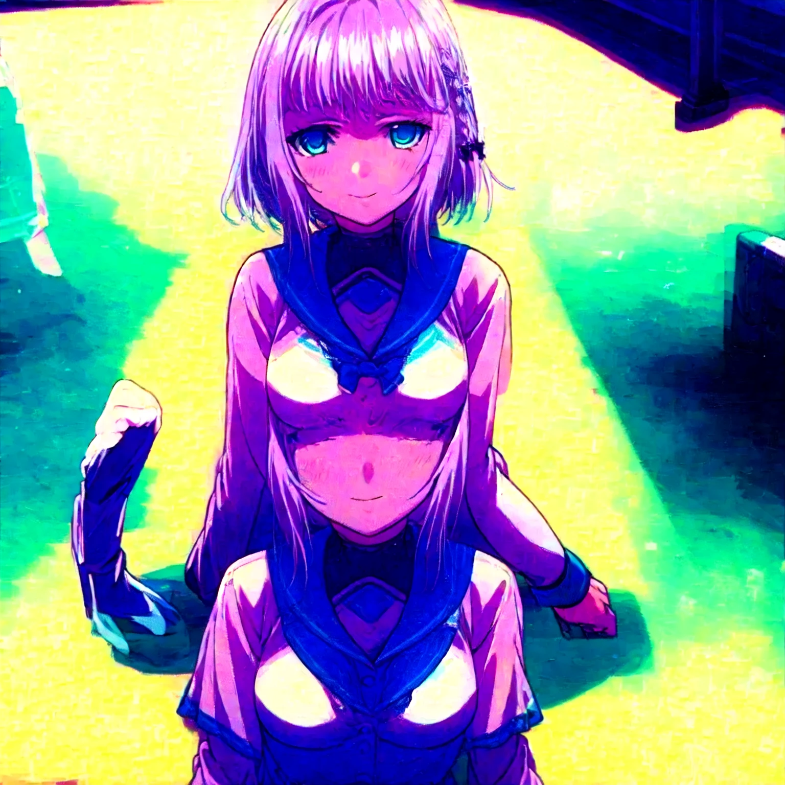 ((Purple Hair))、((Yellow Eyes))、((Small breasts))、((Beautiful pink areola))、((Pink Vagina))、((Sweaty skin))、((Completely naked))、(1 female junior high school student)、(cute)、(Healthy skin color)、((Shortcut twin tail))、((Black Ribbon))、((Completely naked))、((Completely naked))、((Completely naked))、(Shyness)、((On the bed))、((shaving))、((shaving))、(Condescending eyes)、(Healthy Body)、((Vivid))、((Baby Face))、((Inflated female genitalia))、(Pink nipples)、((cowgirl position)),((squatting)), ((spread legs))