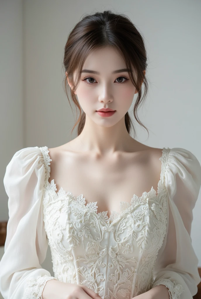 ((perfect photographic)), kim tae-ri, (beauty goddess), ((extremely realistic detailed beauty)) ((attractive)), ((lace dress)), adept art, very realistic ( 8k HD graphic, (soft and chill light), best quality detailed face:1.5, masterpiece:1.3, ultra highres:1.2 dynamic lighting, artstation, poster, volumemetricslighting), (detailed eyes:1.5), (indoor), ((blur background))