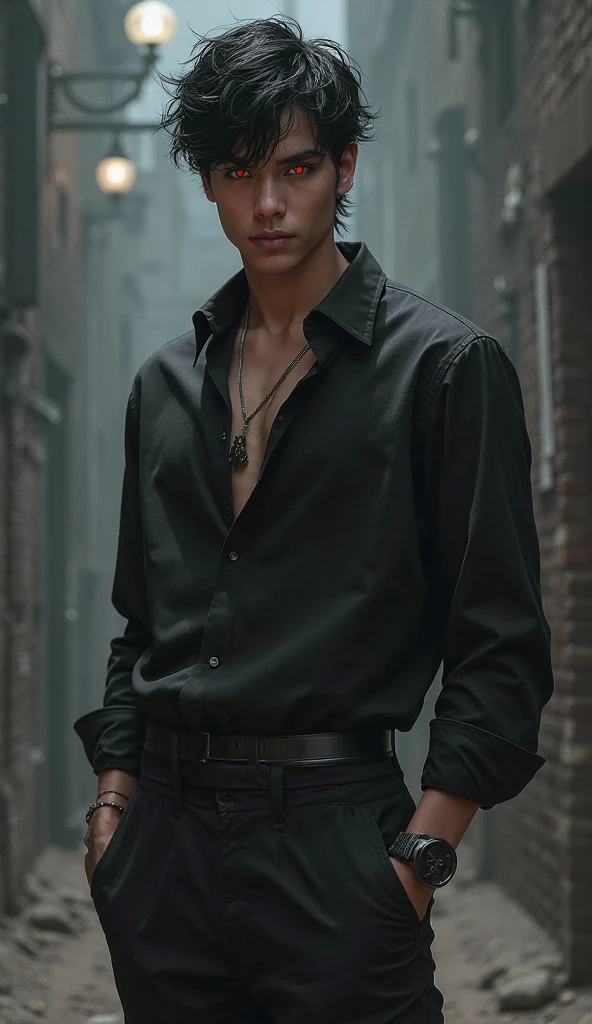 1 handsome boy, Roronoa zoro, annoyed look, (one eye closed), scar on eye, hair green. standing alone, whole body, ((((work of art))), ((best qualityer)), (extremely detaild), dark intense shadows, lighting, hdr, good composition, dynamic pose, eyes black, modern and stylish dark clothes, nblurry background, city street at night