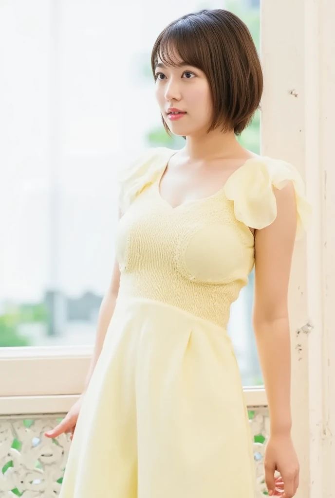 Highest quality、masterpiece、8K、Very detailed、Realistic、(Young face:1.2)、(Looks like an elementary school ???:1.2)、1 person、Looking at me with a smile、whole body、(Big Breasts)、Thin and beautiful legs、Tight and slim waist、Lace, see-through, tight sleeveless shirt、(See-through lace micro skirt)、Short Hair、(Erect nipples)