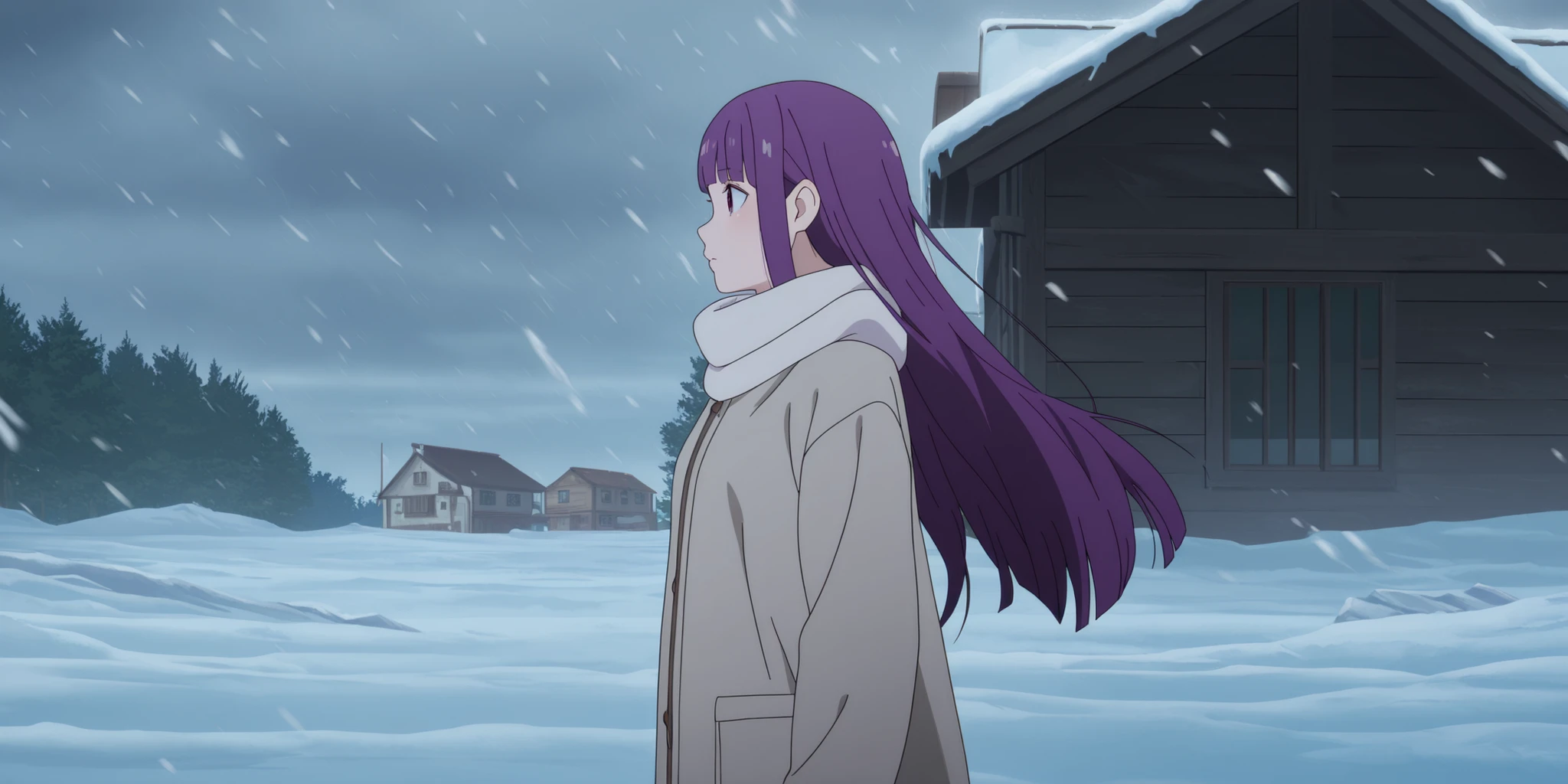 (best quality,4k,8k,highres,masterpiece:1.2),ultra-detailed,realistic,,anime,pastel colors,soft lighting,shiny skin, posing, (cold ambiance), 
soufrie,,,,,,, fern, , anime coloring, rezero_style, 
rezero_style, anime screencap,, ) 
 ,,,,,, outdoor, ,,, , , ,,, , walking together, House , , , , , snowstorm cold , being cold, storm, wind, frozen 