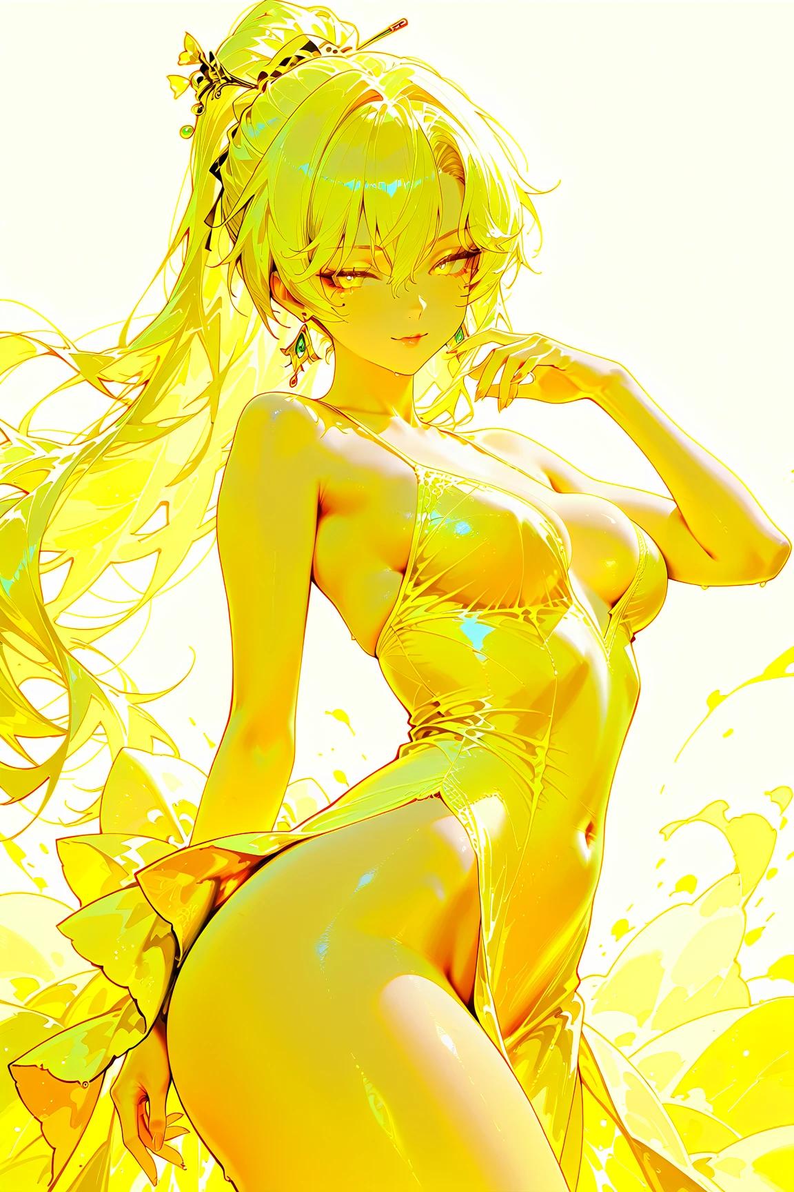 Golden Slime girl, Slime girl made of gold, large golden slime breast, Golden slime vagina, Long golden slime hair, Yellow glowing eyes, Whole naked body made of golden slime, Golden slime dripping from from naked body, long golden slime tongue sticking out, inside pool filled with golden slime.