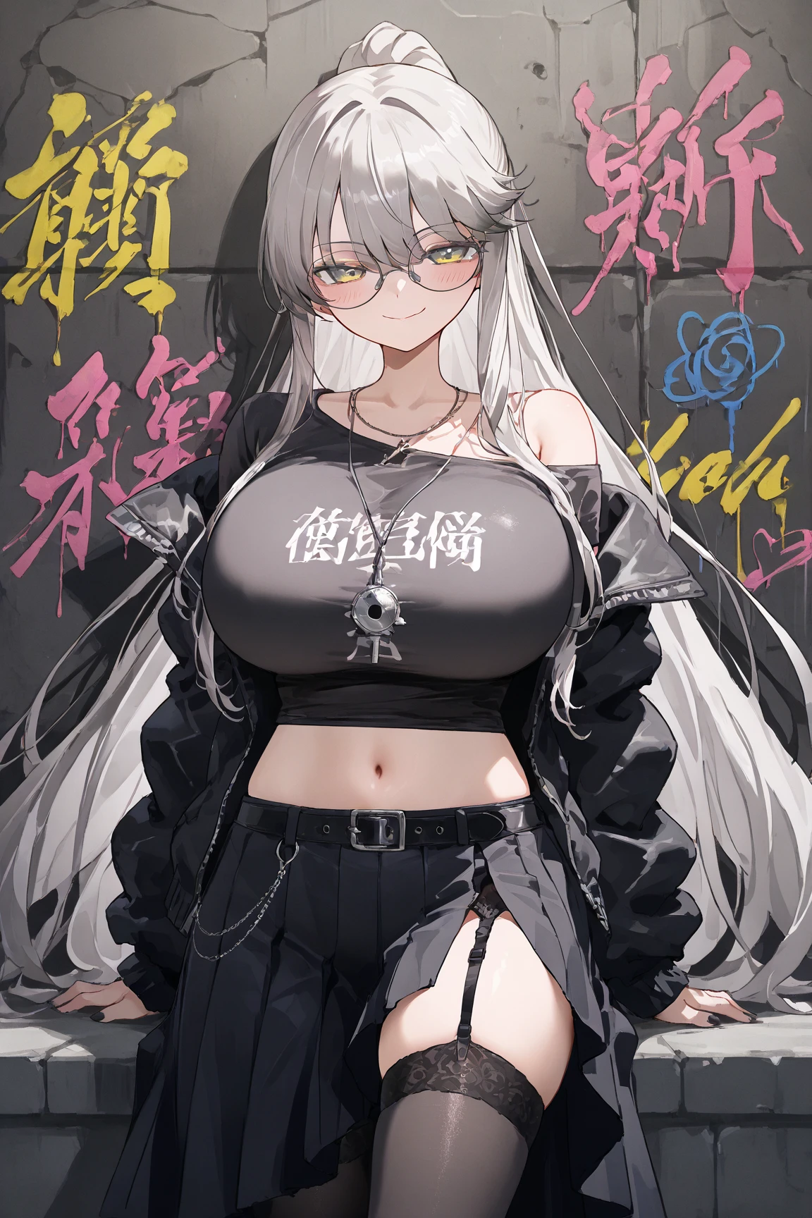 Ultra Micro Bikini with Nurse Cap&Super Miniskirt、(zippers)、high-heels、Staggered black-rimmed glasses、very thin eyebrows、(FULL BODYSHOT)、Glossy skin、,(20yr old)、cool expression、skinny body shape、large boob、Japan Idol Hairstyles、(magazine:1.3), (cover-style:1.3),Silvery hair、sexy for