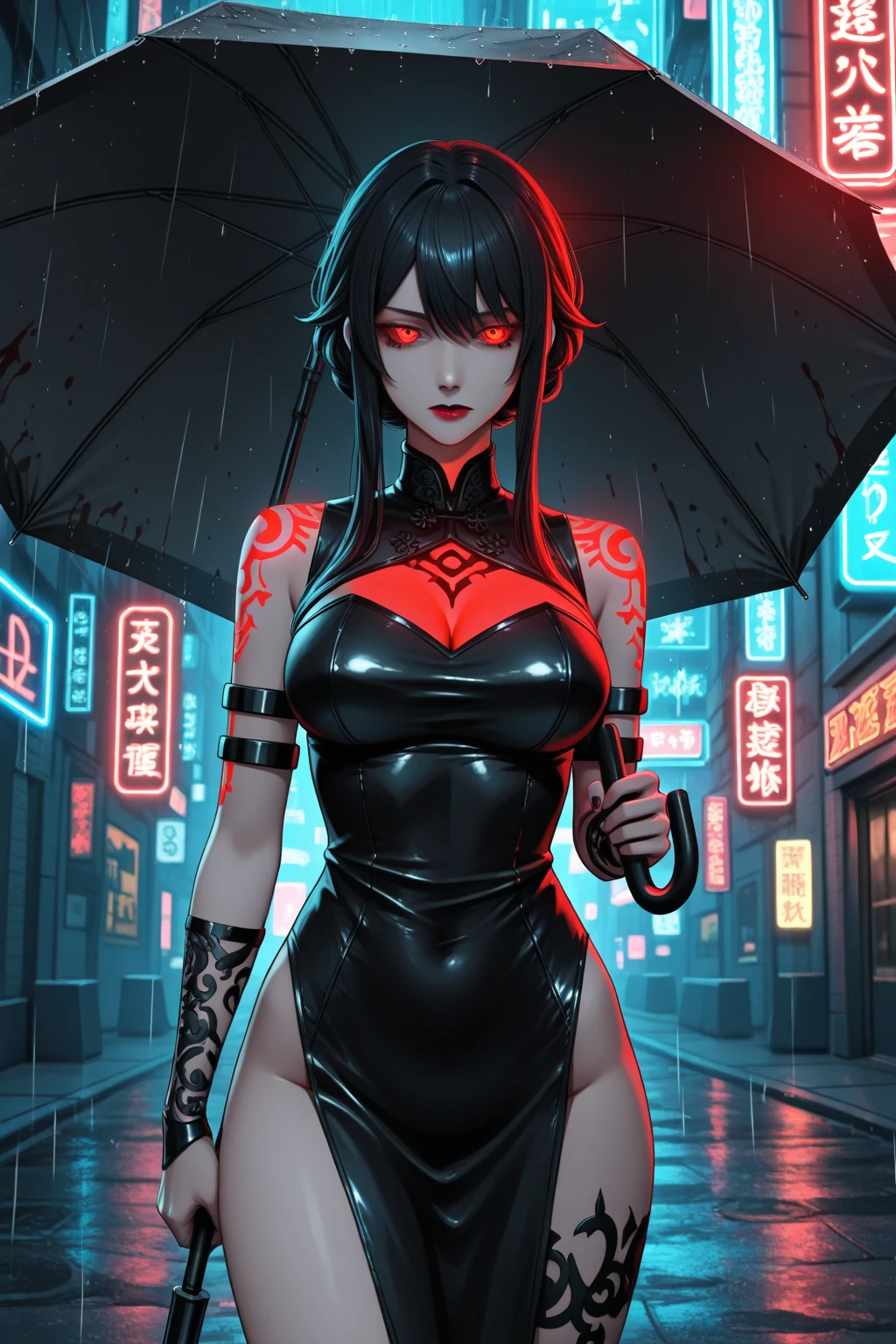 Japan yakuza gangster girl with gymnast leotard, Black hair, Red Eyes, Bare legs, Use the blade of the sword, facial scar, Stylish, nffsw, Intricate details, hyperdetails, Cinematic, Rim Light, dangerous atmosphere, Noir, Night, Cyberpunk Lighting, on tokyo street, Rain