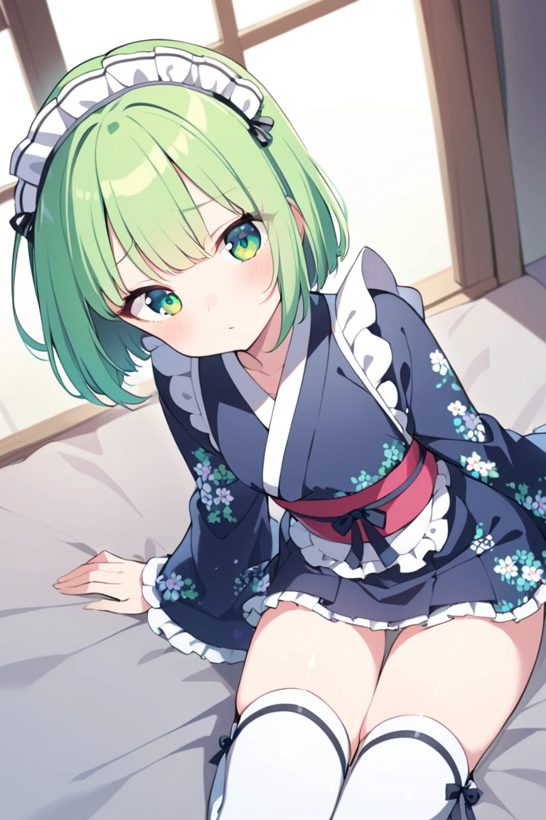 1 girl, cute, young, green hair, bob haircut, green eyes, yukata maid, thigh high, excessive cum, bukkake,