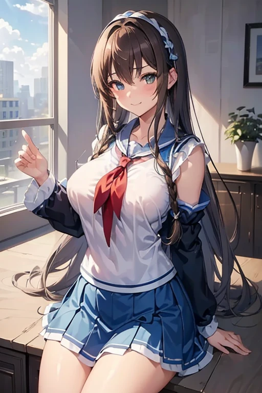 SoraBase, long hair, star hair ornament, hair ribbon, blue eyes, blue vest, sleeveless shirt, red ribbon, ,(masterpiece),(best quality),(ultra-detailed),(best illustration),(best shadow),(absurdres),(detailed face),(very aesthetic),1girl,dim lightning,in dressing room,in heat,horny,looking at viewer,heavy breath,shiny skin,sweat,,,aged up,, teary-eyed,,standing,micro skirt,open vest,open shirt,puffy nipples,hypnotised,pink pupils,phone,