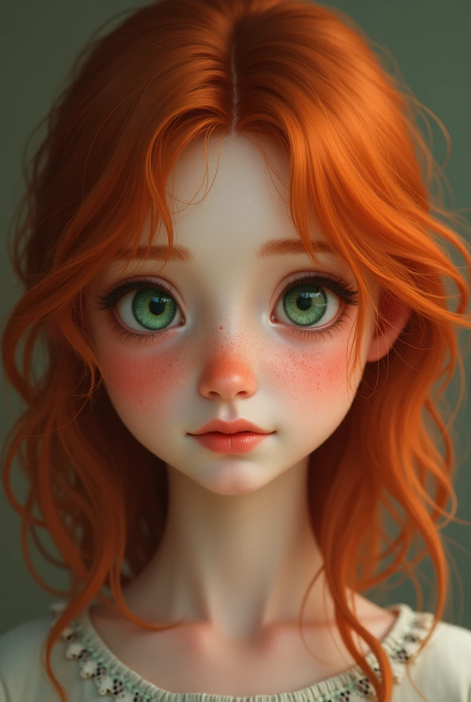 Girl, green eyes, inocent face, cute face, long hair, beautiful, [[realistic girl]], symmetrical face, photorealistic, red-haired girl, cute girl, 15 years, kawaii rusian, realistic, triangular face  , adolescent girl [[realistic]], 15 years