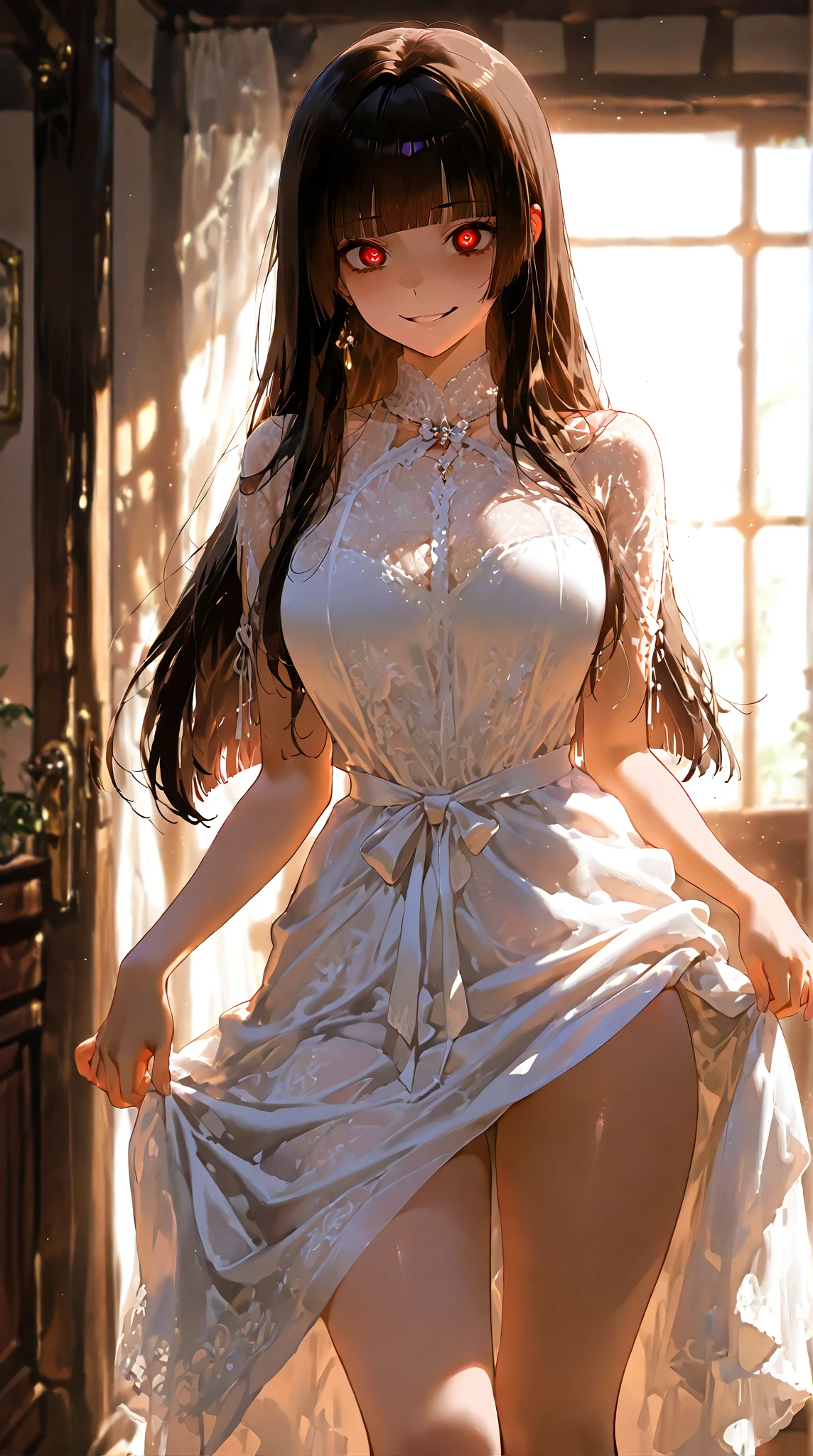 24-year-old woman、Sexy proportions、Sexy、High neck long sleeve sheer switching flower all lace tight mini dress