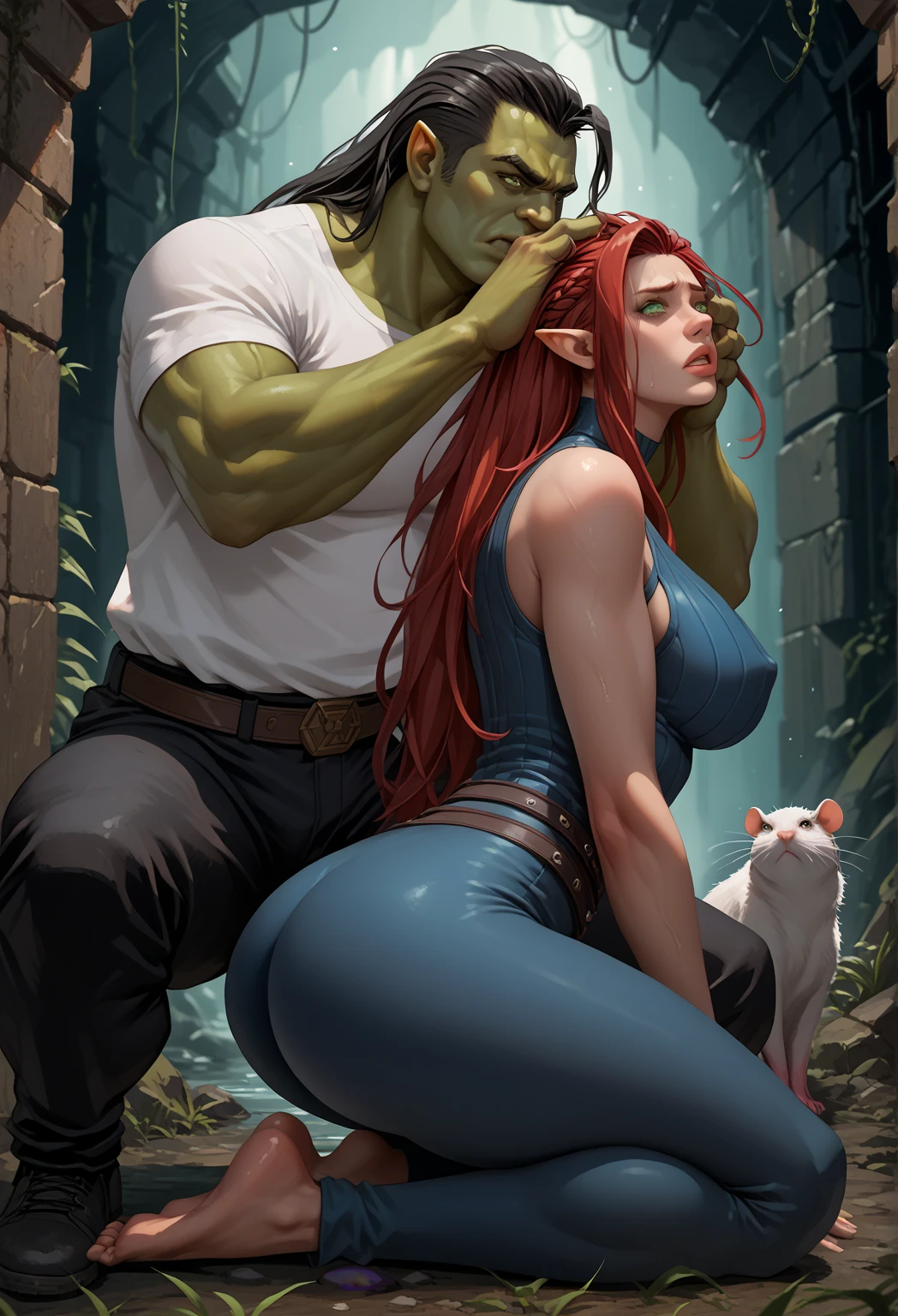 (1girl, 1boy, duo:1.2, (boy is by her side, eye contact) ), (girl is a nude, (redhead long hair):1.1, (olive eyes, face) ), (boy is Orc nude, big penis, muscular, bald), (background, enchanted forest, waterfall, flowers), realistic