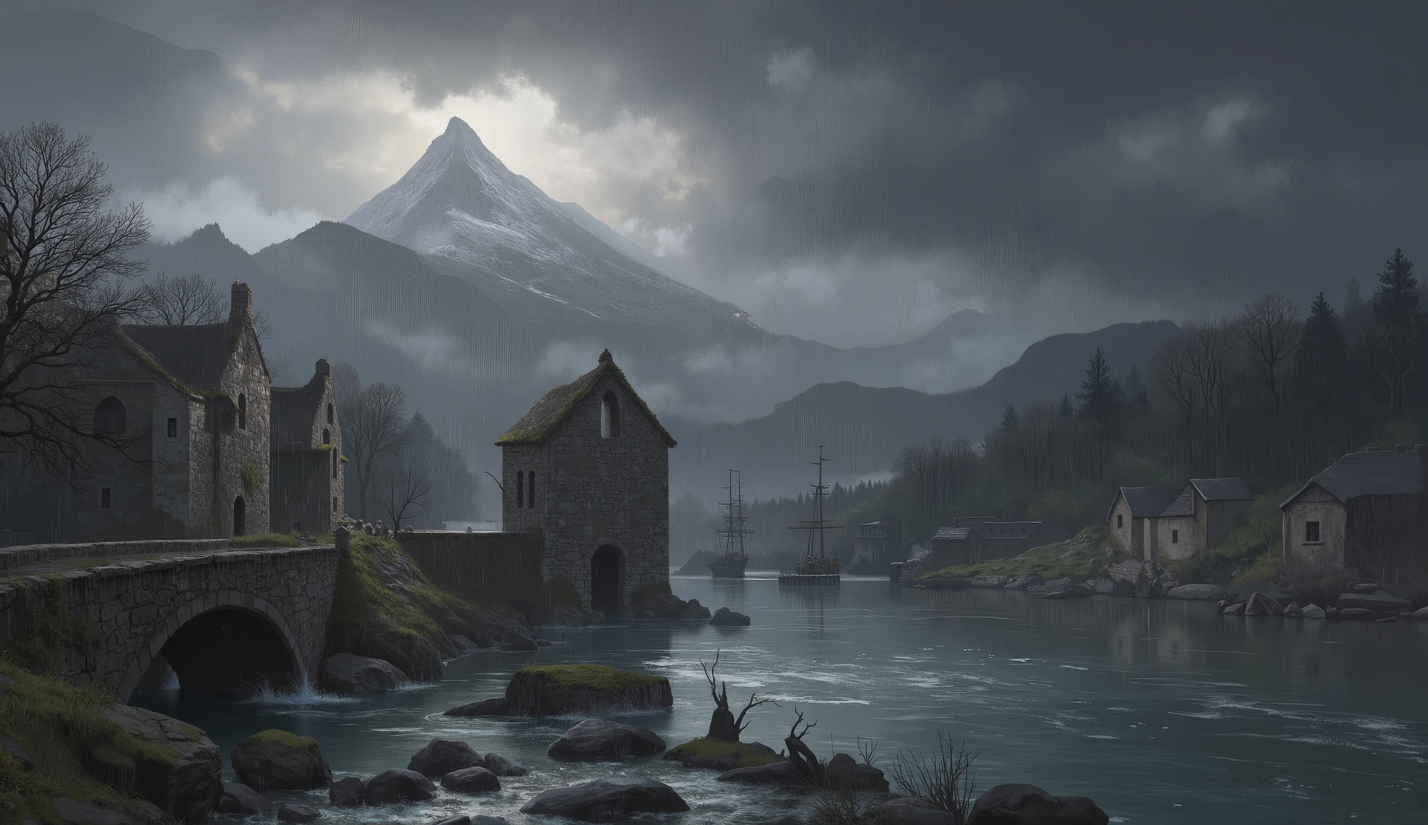 A fantasy scene with a run down ruined stone bridge crossing a river from left to right across the scene, a few rustic looking stone buildings at the end of the bridge [Background with] sunlit clouds and a cloud covered mountain top, [Foreground with] the river flowing out into a lake, a small harbour with a pier can be seen on the right hand side with some small sailing ships,(( high quality)) concept art, Moody, rain,