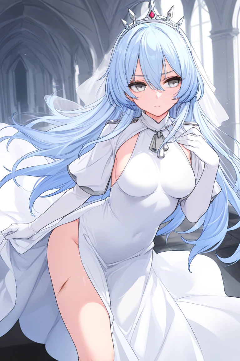 （masterpiece),（High resolution）,Beautiful and exquisite blue eyes,Beautiful silver hair,Straight hair to the waist,Maid,Smile at the audience,Greeting with the edge of her skirt,18-year-old,beautiful girl,Antique-style interior,Anime Style, Vibrant colors, Soft lighting, Detailed coquettish eyes, Beautiful cleavage