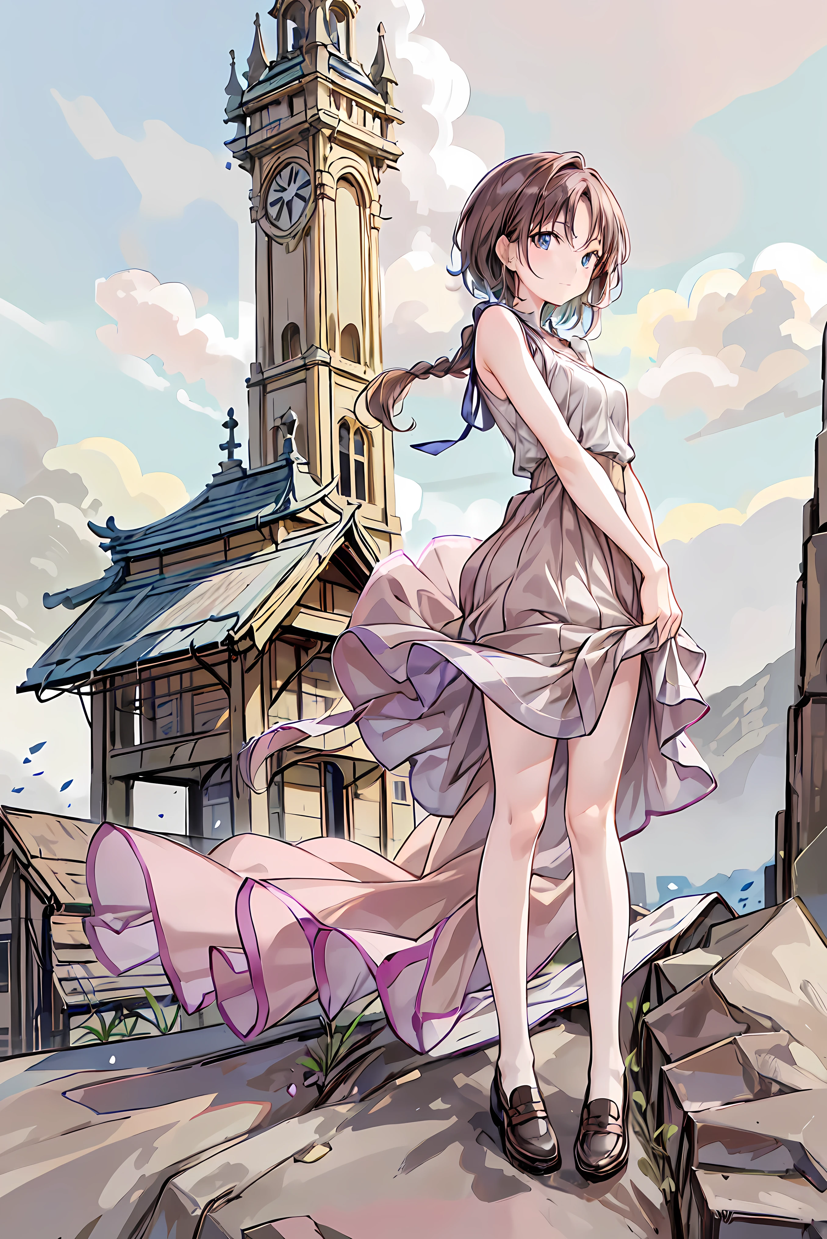 ((masterpiece)), (Anime:1.5), ((Best Quality)), (RAW pictures:1.2), (high resolution:1.3), (Professional Photo Shoot:1.2), ( Color Difference), one person, (()), (serious), (beautiful brown eyes:1.3), viewers, plain shirt, O-ring, disheveled hair, medium hair in the room, (stick your hand into your pants), ((Take off your work pants)), 明るいbrown hair, (small breasts), Cute waist, outdoor, ((Top of the big bell tower))，brown hair，shortcut to watch from the side，My hair is unkempt， short braided hair ，neat，Slender Beauty fixed to bed，Dignity，small breasts，Beautiful Legs，her enchanting gray-blue eyes sparkle like stars.，bright color,Beautiful Eyes,A delicate smile,Textured Skin,Best Qualityのものが最高, gentle and beautiful woman ,Anime風､