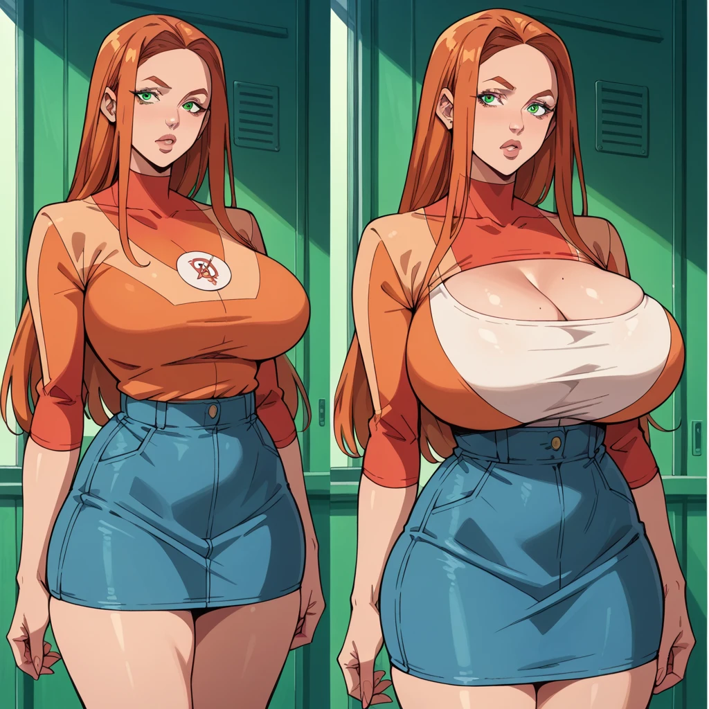 2heads, a short chubby woman with 2 heads. She has massive breasts. She is wearing a red plaid flannel shirt with a pattern. She is wearing beige pants. She is very short. Her breasts are gigantic. Her shirt is unbuttoned. She is blushing. She has freckles. She has freckles on her breasts. She is short. She has huge boobs. She has orange hair. She is in a log cabin. She has enormous breasts.