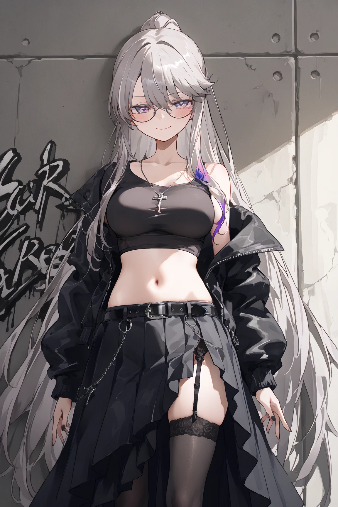 masterpiece, best quality, tall, clearire2, 1girl, Emilia re:zero, purple eyes, Emilia, crown braid, x hair ornament, flower hair ornament, white hair, long hair, medium breasts,, Only, long hair, open sexy clothes, black skirt, black tights, long sleeves, chest harness, open jacket, black shirt, two sides up, black overcoat jacket, fringe, crop top, miniskirt, Shoes, futuristic headphone, O-Ring, midriff, off shoulder, thigh strap, pleated skirt, Suspenders s eyepieces, perfect eyes, cropped shirt, street, mask, standing