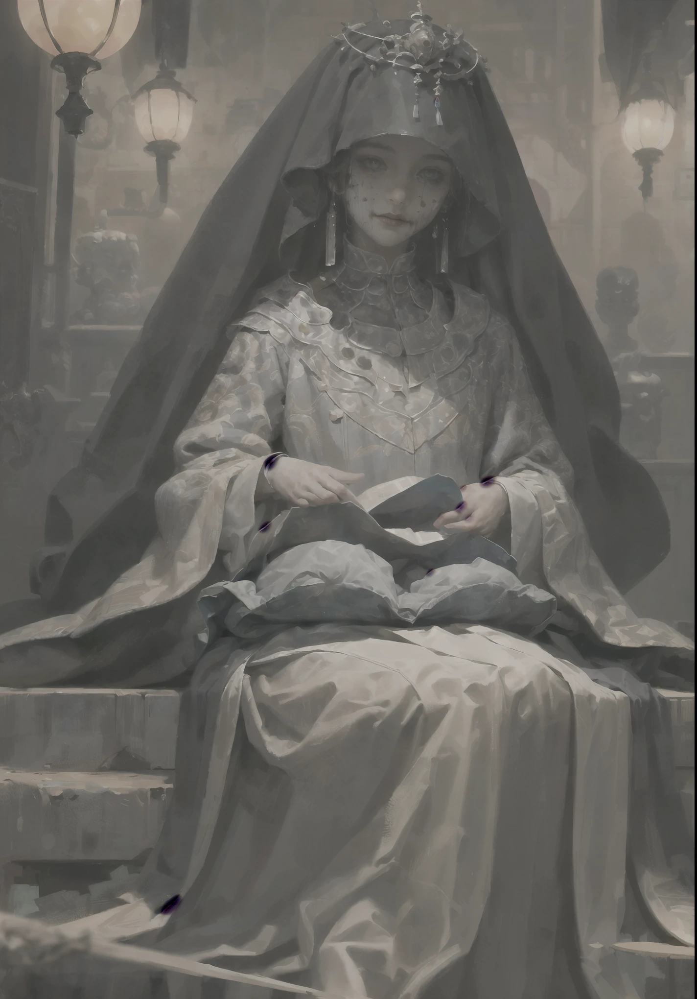 whole body, fortune teller robes, in gipsy tent, skirt, face veil, robe, cloak, absurdres, RAW photo, extremely delicate and beautiful, masterpiece, Best Quality, ultra high resolution, 32k, hyperrealistic, ultra-detailed, perfect figure, perfect shape, detailed description, pale skin, 20 years old, detailed beautiful face and eyes, tearful mole, earring, short medium hair, wavy hair, black hair,