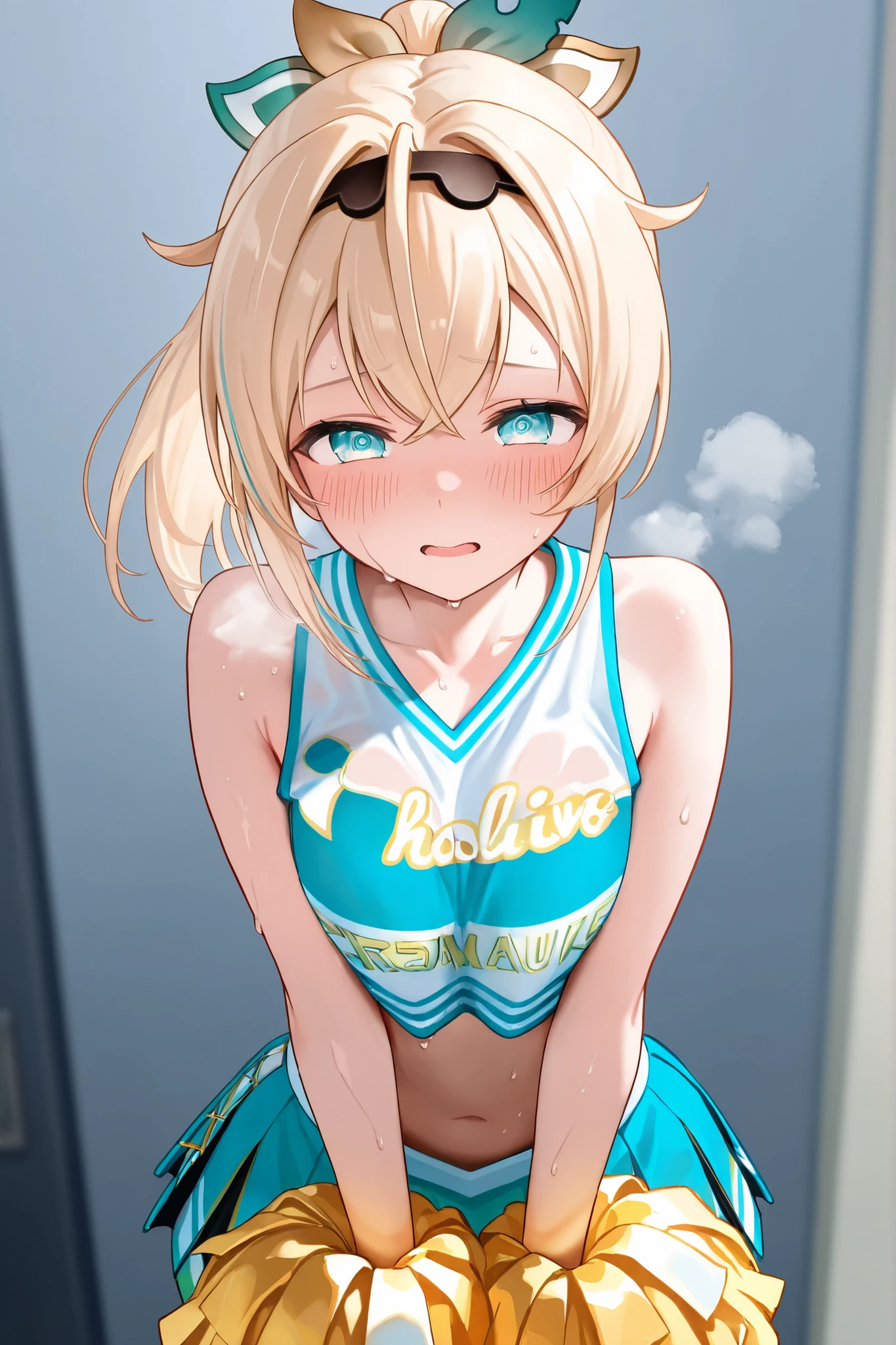 (musterpiece), (best quality), (score_9, score_8_up, score_7_up), official art, absurdres, highres, ultra-detailed, waifu2x, Collection: Slice of Life, very detailed eyes, expressive eyes, perfect face, very detailed face, highly detailed face, beautiful girl, 8K, (white background), dark intense shadow, Ultra-high resolution, (clear line illustration:1.2), very high resolution, very aesthetic, super detailed skin, Best sexual lighting powered by famous artist, 8k, cute picture, beauty illustration, (Detailed Lighting), best anime 8k wallpaper, 1girl, vtuber style, cool girl, hololive, vtuber,  kazama iroha, blonde hair, ponytail, green eyes, sharp eyes, hair between eyes, big T-shirt, small chest, cropped shoulders, Navel-baring abs, sweating, sweat, wet body, wet hair, hot, one eye closing, blush, (upper body), from below,