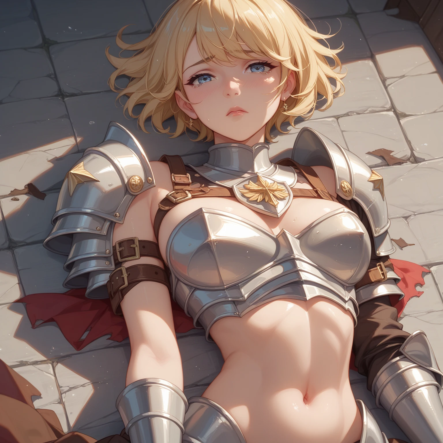 8k, Delicate image quality, best quality,(((blond updo))), 18 year old Beautiful girl, masterpiece, best quality, ultra detailed, naked, blush, (((lpeeing))), pubic hair, pained expression, spread legs, (((energetic urine))), holy knight,battlefield,White iron armor, outdoors