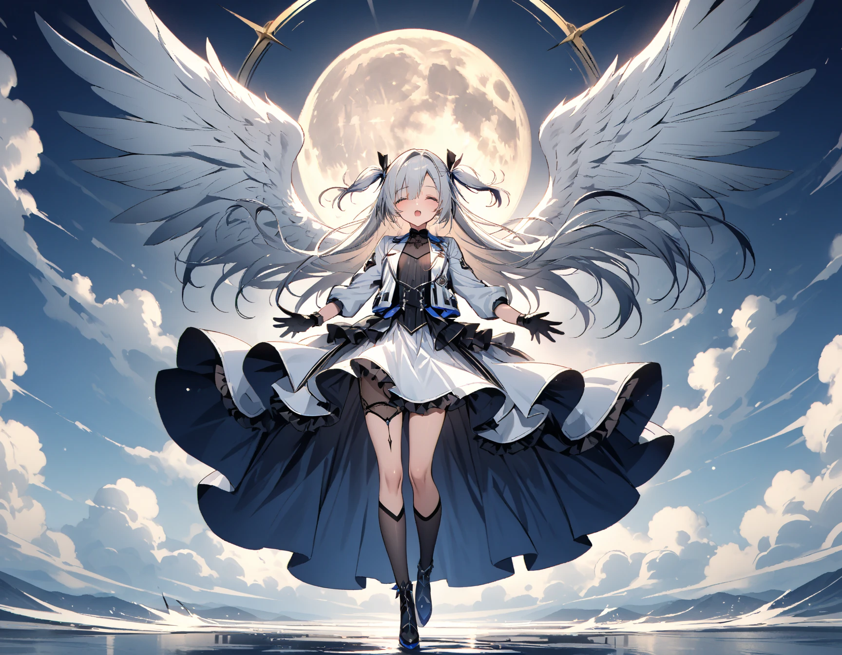 4K, high resolution, 1girl, harpy, full body, long black hair, blue eyes, large wings, short whit dress, revealing clothes, mountain background, starry night sky