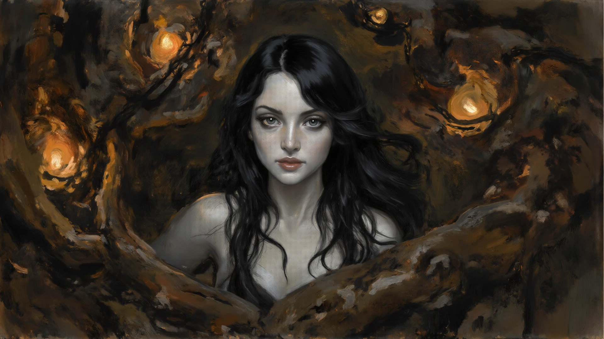 award winning, hyperreal, masterpiece, exquisite painting of vampirella, detailed outfit, strolling through an enchanted forest, vivid autumn colors, psychedelic sky, beautiful detailed face, natural skin texture, artistic erotica, high quality, <lora:Vampirella-10:.7>
