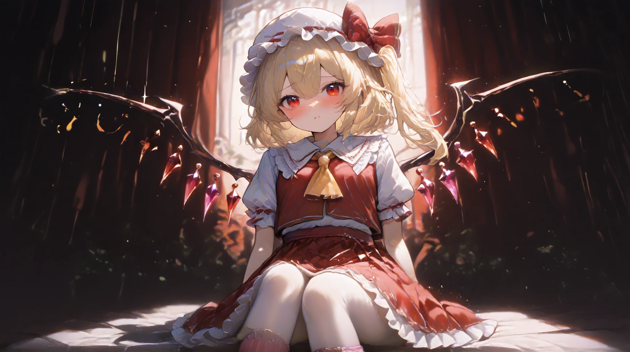 1girl,ankle_socks,bobby_socks,bow_(weapon),crossed_ankles,frilled_dress,frilled_legwear,frilled_skirt,frills,full_body,gohei,knees_up,legs,legs_together,legs_up,loose_socks,lower_body,no_shoes,red_dress,red_skirt,sitting,skirt,socks,solo,tabi,white_legwear,wings,flandre_scarlet