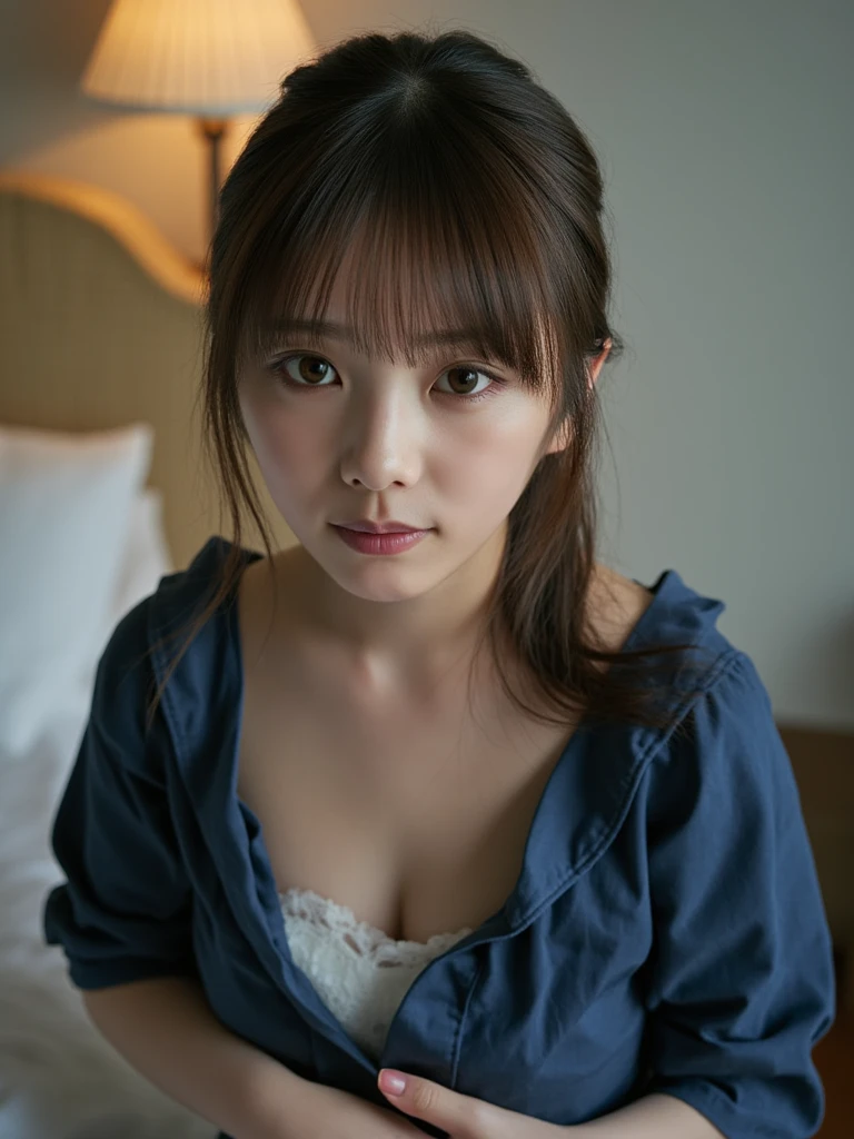 Without a jacket、Light blue thong、18-year-old、Japanese、Human face、Light blue bra、on the ピンクの bed in my room、small cleavage、Japanese
