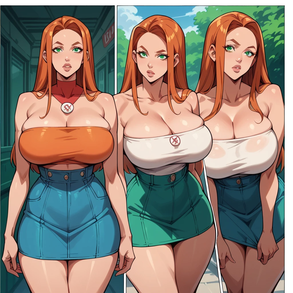 A sexy pirate girl with a big breast, long wavy purple hair, her brown eye, wears a green bra with a white stripe, shows a navel, a sexy wide curve, and tight black pants, a big thigh, a sensual red heel.