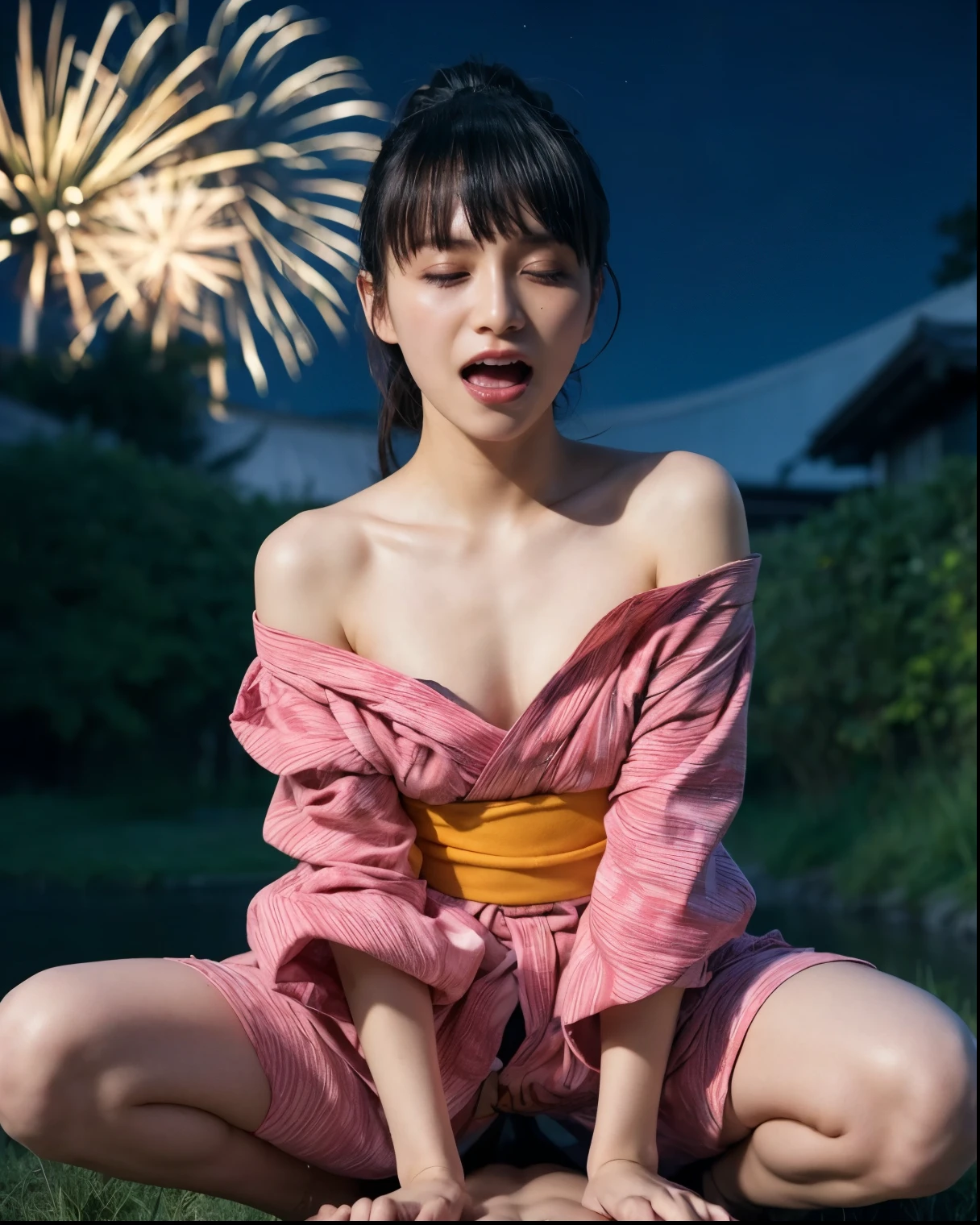 (masterpiece、high resolution、high quality)、Japanese beautiful girl、12-year-old elementary school student、Immature body、Beautiful body、Japanese Yukata、Soaring、night、Laughter、Clear Eyes、、Beautiful Skin、Yukata beauty、Hydrangea pattern yukata、Her breasts are exposed from her yukata、 fully visible、Very small breasts、Small breasts、Small cherry-colored areola、Beautiful erect nipples、Small butt、Shaved、Cool Summer、nightの夏祭り、Fireworks display、Professional Photography、Random Hairstyles、Sitting with legs wide open、She spreads her legs wide open to show off her private parts.、Masturbating