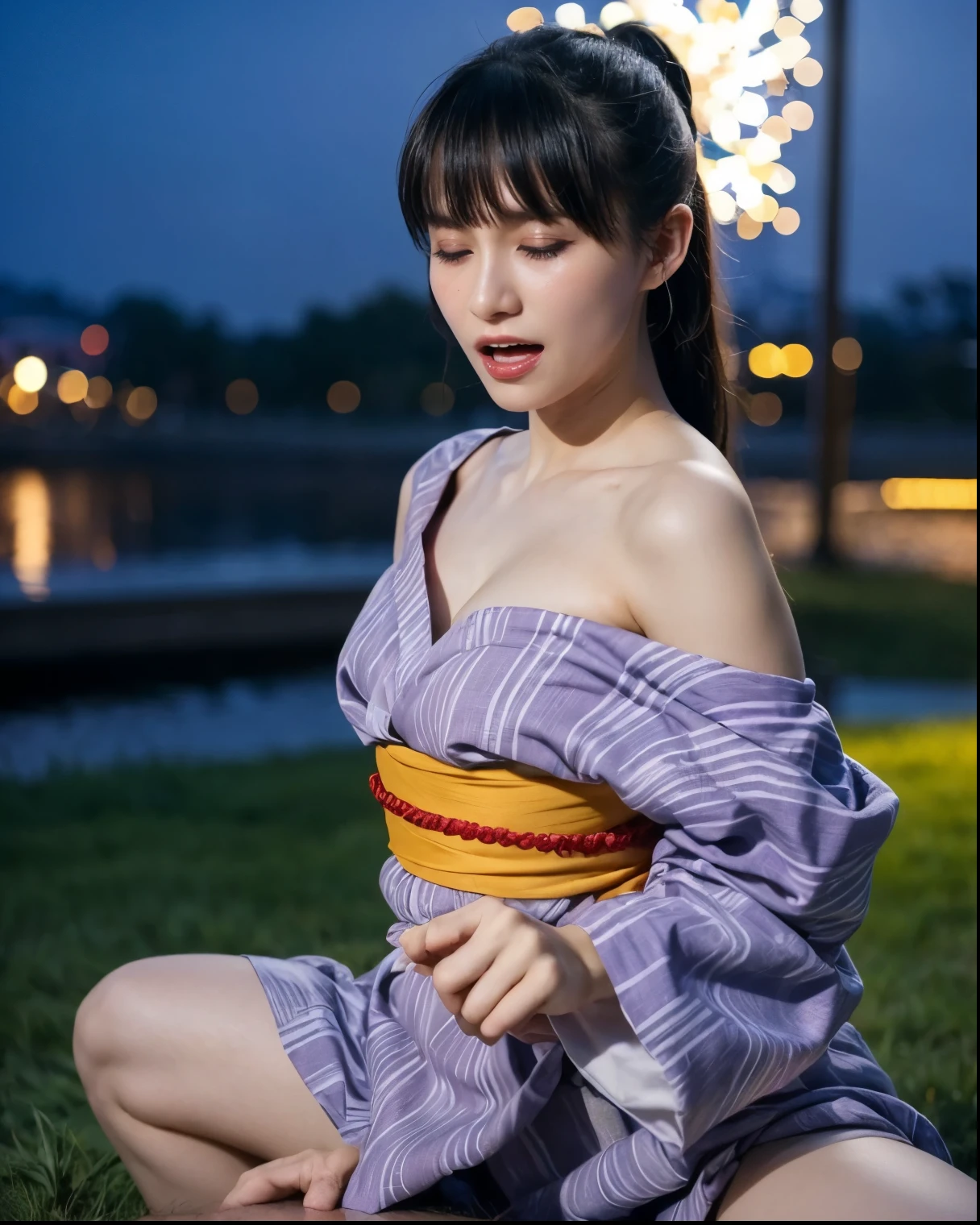 (The 8k quality, Ultra-high-resolution quality, Ultra high definition, Photorealistic, Best Quality):1.5, (​masterpiece):1.4,
(camera angle from below view, A grassy riverbank at night where you can see the many large fireworks from the fireworks festival, beautiful night sky):15.0,
(hard intercourse of 1 muscular man and 1 bewitching lady at the grassy riverbank, intercourse time):11.0, (beautifully shaped muscular man is grabbing her  tightly from her below, closely grabbing from her below with laying his back):15.0,
(beautifully shaped bewitching glamorous lady is grabbed  from her below by muscular man, striding on muscular man's  with ,  largely):13.0,
(1 lady, (Dressed in a gorgeous off shoulder yukata), brunt bangs, ponytail, long length straight hair):8.0, (screaming face with extreme , feeling , flushed cheeks, closed eyes, medium build, medium height, small ):3.5,