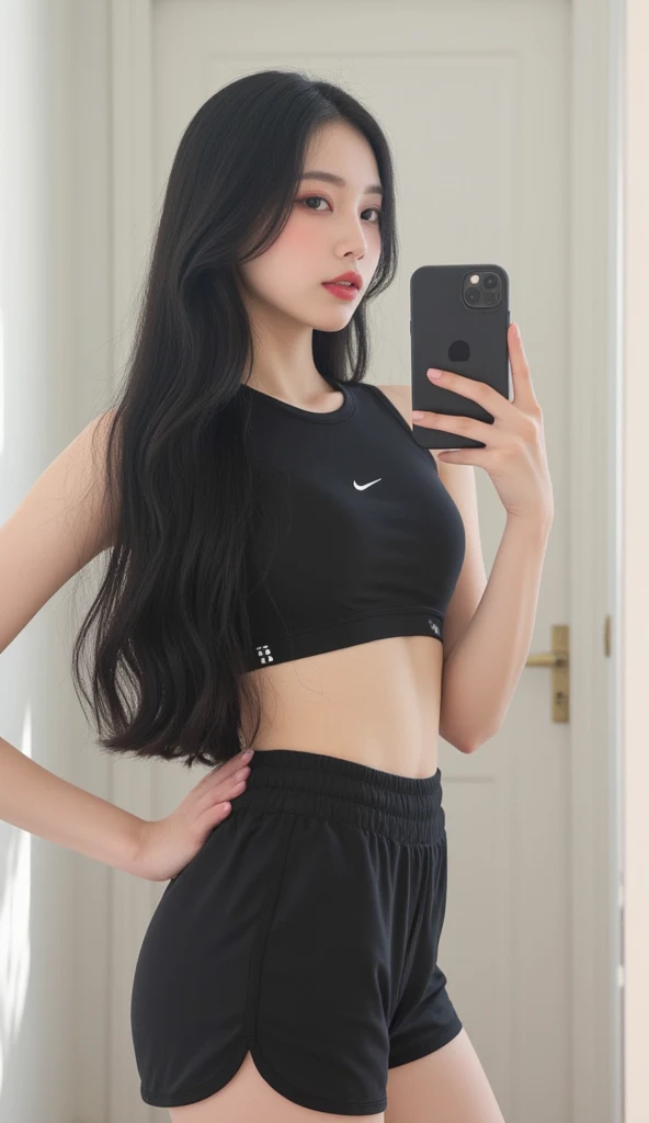 ((realistic lighting, highest quality, 8K, masterpiece, medium shot: 1.3)), clear focus: 1.2, 1 girl, perfect figure: 1.4, plump bust,((long black hair)),((With bangs)), (light pink crop top:1.4),The whole delicate breast leaks out,(exterior,in the middle of the night:1.1),In the changing room with crowded lines, There is a uniform in the background,sitting on a chair,Moderately thin calves,exposed thighs,navy blue ankle length socks,white sneakers,super fine face, fine eyes, double eyelid,White pleated mini skirt,Taking a selfie with a black smartphone in his left hand,Your face is hidden by your smartphone、Your right hand rests on the chair to support your weight.,legs open at a 40 degree angle、((((Panties are visible from inside the skirt))))、(white panties)、(tilt your head a little)