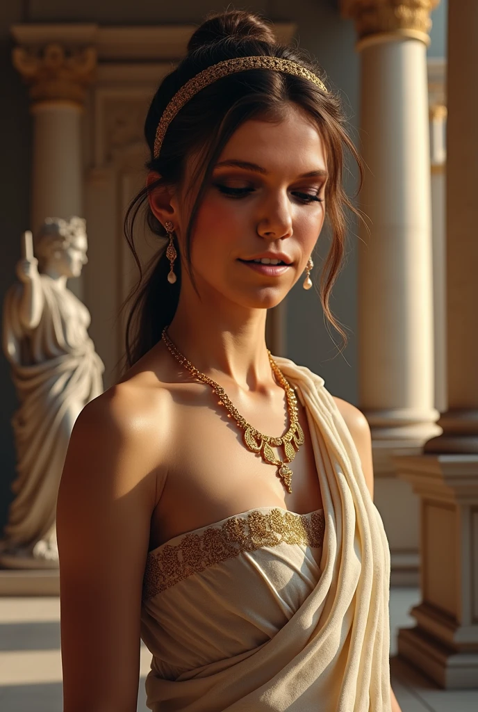 (Numerous award-winning masterpieces, with incredible details, Maximum textures and details), (hyper realistic:1.4), (Realstic:1.3), (Haut du corps vers le haut:0.4), (best quality real texture skin), ((Monde de la mythologie grecque)), finely detailed eyes, finely detailed face, visage en face, yeux doux, (Elle a un sourire gentil sur son visage:1.4), Friendly and feminine face, Roman Empress, avec une coiffure Romaine en an 65. brown and curly hair, en chignon. Long bikini dress outfit draped in white. pas de boucle d'oreille et une couronne de laurier, impéatrice. 1) Creating vibrant energy, Coucher de soleil tardif projetant une lueur chaude, a festive atmosphere embracing the Roman era, Meticulous attention to detail capturing the essence of elegance.