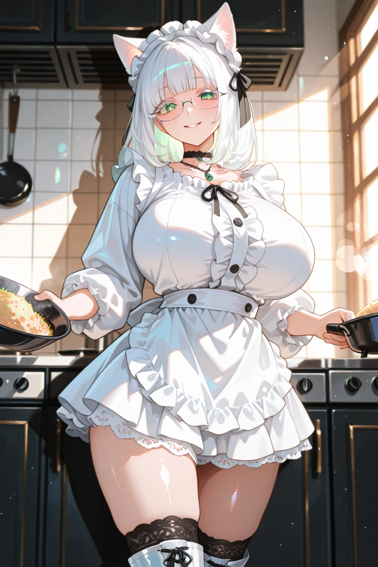 Anime Kawaii sexy Perfect Slim sensual body large breast and huge thighs, An intricate and highly detailed illustration of anime (Young girl) (Masterpiece, best quality), (ultra high resolution, 8K RAW photo, photo realistics:1.5, textile shading, thin outline), Beautuful Matured woman preparing tea-time, (tea set, tea pot, tea cups), wearing traditional sick maid uniform, maid costume:1.2, long flare skirts, apron, Tall and long legs, long white hair, wearing rimless grasses, (milf:1.5, 28 years old, solo), (large breast, sagging breast, big , narrow waist), (long white hair, hair over one eye, half updo, asymmetric hair, wavy hair), (bright pupils, detailed eyes, high detailed face, Perfect face shape, eye rush), (seductitve smiling, half-closing eyes), (looking at viewers:1.3), (dynamic angle, tighs focus, from side above:1.2), (correct anatomy:1.5, correct hands), (ideal ratio of body proportions),