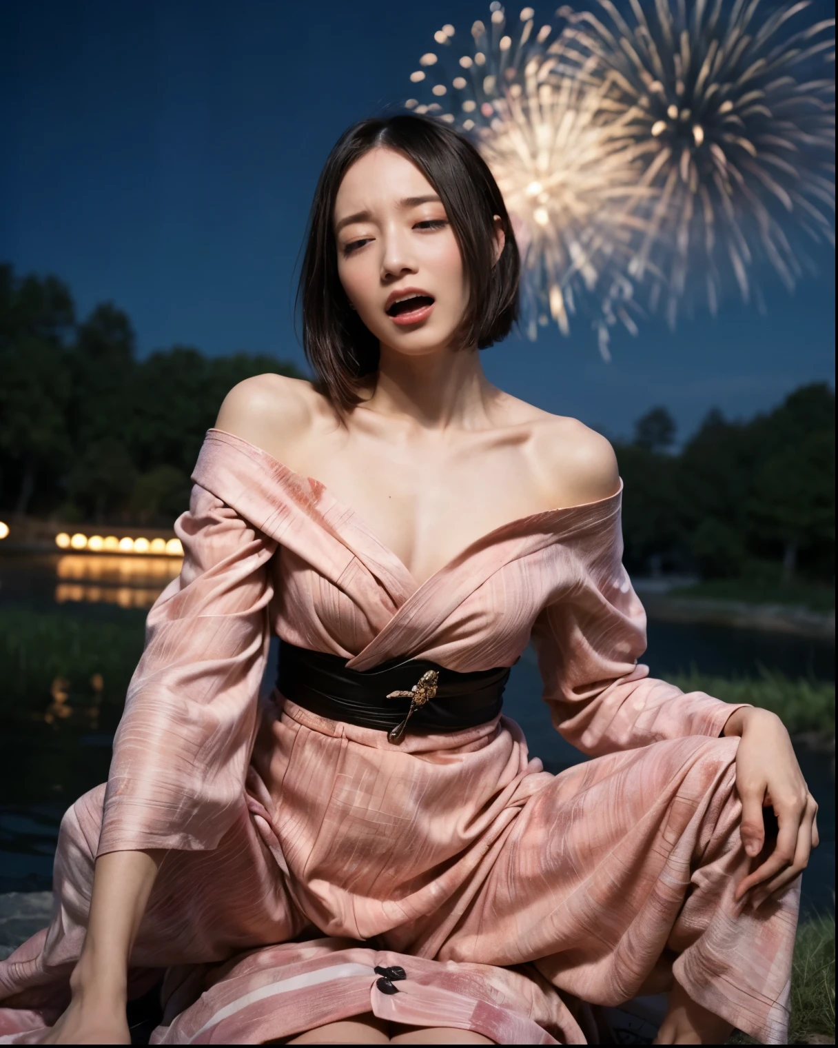 (The 8k quality, Ultra-high-resolution quality, Ultra high definition, Photorealistic, Best Quality):1.5, (masterpiece):1.4,
(camera angle from below view, A grassy riverbank at night where you can see the many large fireworks from the fireworks festival, beautiful night sky):15.0,
(hard intercourse of 1 muscular man and 1 bewitching lady at the grassy riverbank, intercourse time):11.0, (beautifully shaped muscular man is grabbing her breasts tightly from her below, closely grabbing from her below with laying his back):15.0,
(beautifully shaped bewitching glamorous lady is grabbed breasts from her below by muscular man, striding on muscular man's crotch with cowgirl position, spread legs largely):13.0,
(1 lady, (Dressed in a gorgeous off shoulder yukata), brunt bangs, long length straight hair):8.0, (screaming face with extreme orgasm, feeling orgasm face, flushed cheeks, closed eyes, medium build, medium height, small breasts):3.5,