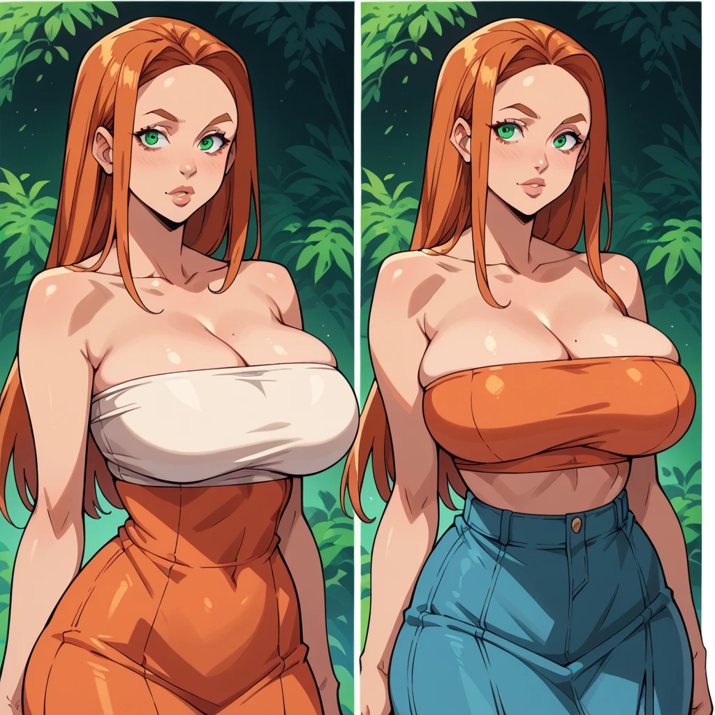 2heads, a tall chubby woman with 2 heads. She has four breasts. She is outside at the park. She is wearing a tank top top and jeans. She has long orange hair. She has four breasts. She is relaxed. She looks mature. She is extremely tall. She looks happy, seductive expression. She has two legs with thick thighs. She is wearing eyeliner.