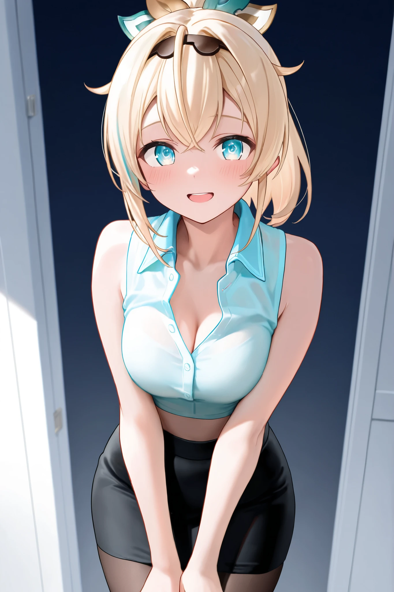 1girl, very petite frame, illusion of a more mature build, shoulder length blonde hair in a ponytail, wearing black pants, small boobs, pushup bra, white button up blouse
