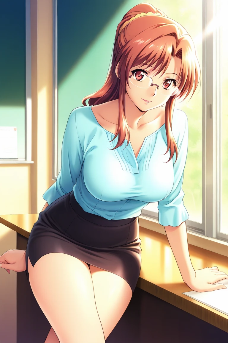 masterpiece, best quality, <lora:ayako-nvwls-v1-000008:0.8> kimizuka ayako, tied shirt, earrings, necklace, cleavage, miniskirt, midriff, sitting, huge breasts, looking at viewer, from above, desk, office, papers, glasses, confused, chair