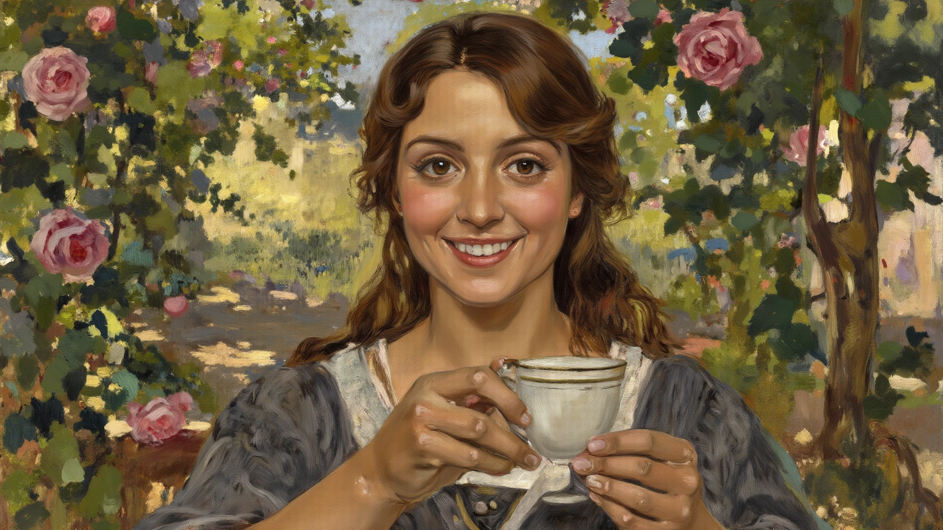 a portrait of arabic princess with a cup of tea, darjeeling mountains and tea plantations in the background, photorealistic, dramatic sky, masterpiece
