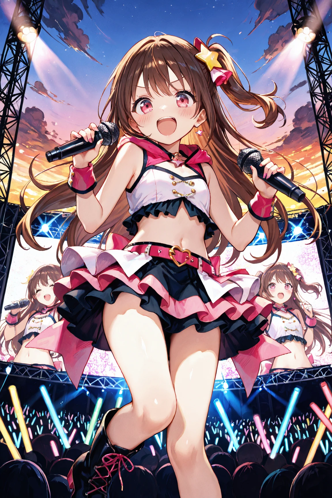 THE IDOLM@STER,idol costume,Photo session with fans,Idol Posing,2girl,small breasts,anime style,highest quality,stage,mini skirt,white panties,Jumping high,Smile cheerfully,random pose,She's kicking high and her underwear is showing,panties