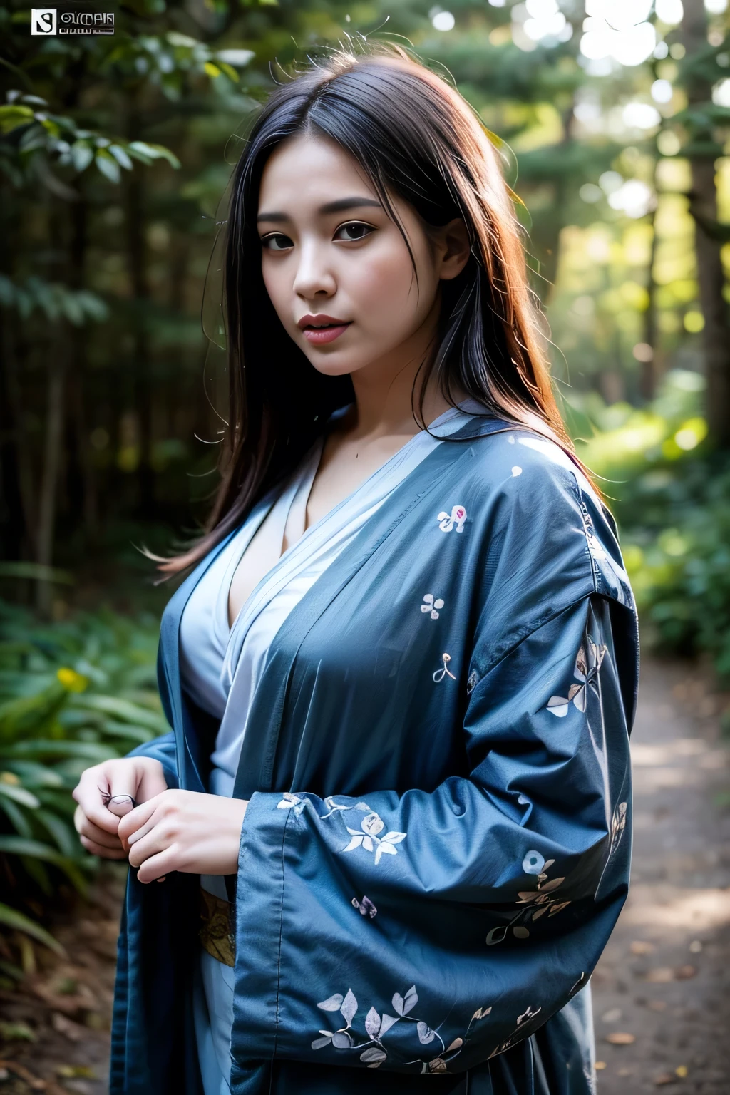 Maomao, 18 year old Asian girl, long messy greenish black hair, blue eyes, white skin, pink dress with green kimono with pastel green belt, spider print, matching crystal flower necklace. Forest background with fog aura around black color