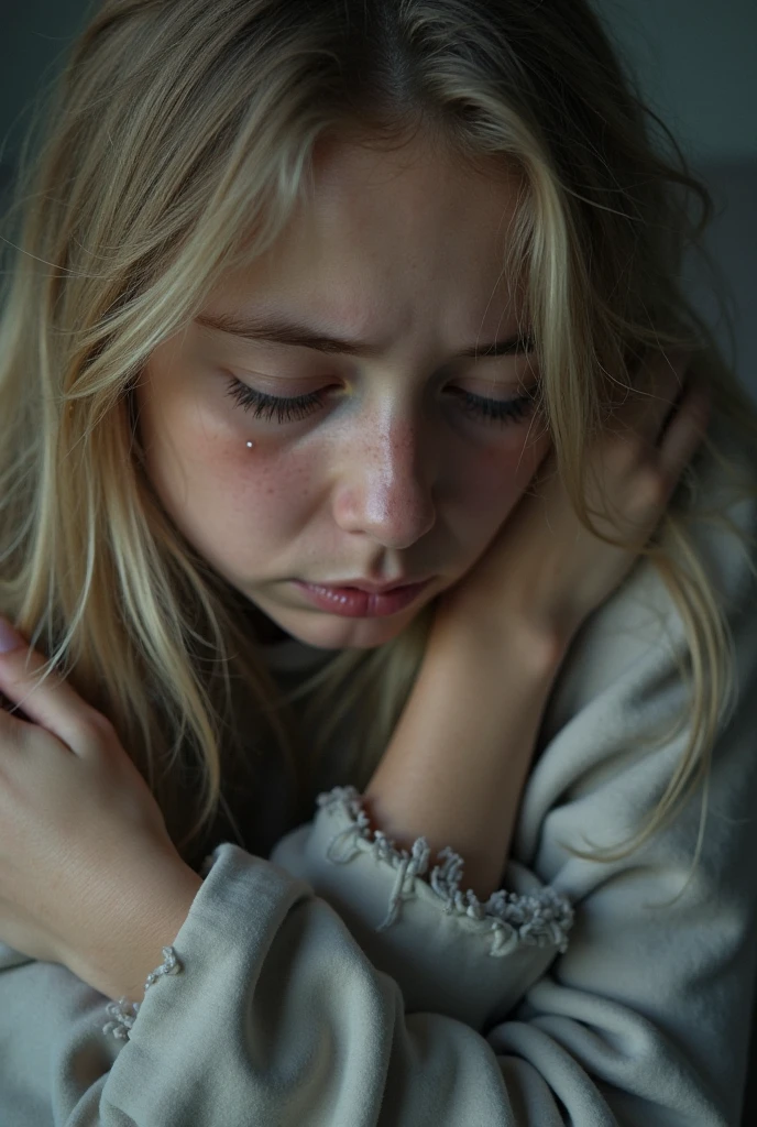 Portrait of a young girl of 14 years beautiful beautiful face perfect petit teen, she is happy, very beautiful Brazilian blonde, long blonde hair, praying eyes closed, in bed, (when humble, walls appearing the bricks, simple old house, old pillows, very blurred background, of course: 1.2)