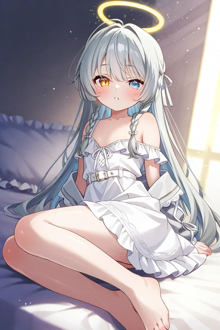 beautiful girl, cute, young, small limbs, short fingers, Big Breasts, Embarrassed face, large ribbon on the head, Thin and light clothing,  A sheer dress, Sheer white lace tights, Thin, sheer white tights、Symmetrical eyes, level, naked，Cat ear，Long white hair，Light blue eye-shaped leg movements)，(Spread your legs)，Squat，Raise your knees， Put your arms behind your back,