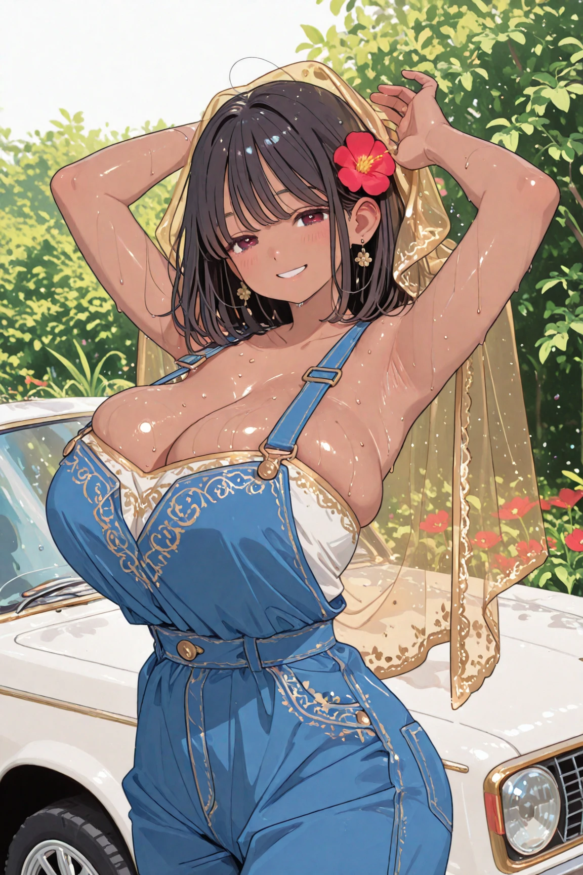 A 6-year-old girl with big breasts, plump figure, round, dressed in a baby yellow wedding dress, lace bikini, bikini with lace cutouts, on the beach, glasses and wearing a thin tulle