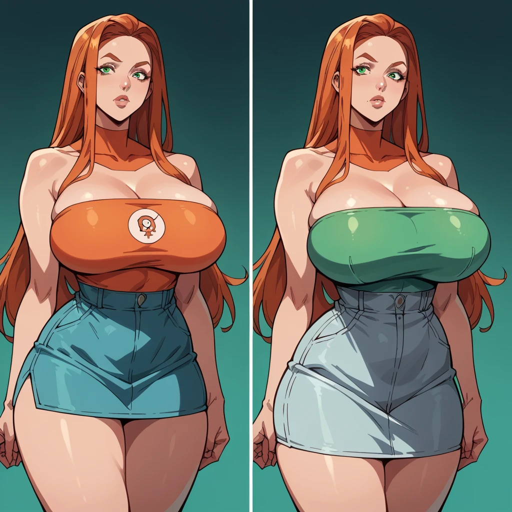 sfw,p1nk2p13c3, bare shoulders, off shoulder, sports gear, bare arms, pink pants, Fr3ckles,  very long ginger hair, long hair,  grey eyes, white background,porning,character sheet, massive breasts:1.5) and Fit body)).  (plump), b1mbofication, before and after, (transformation), hypnosis, (huge breasts:1.5), (huge ass),