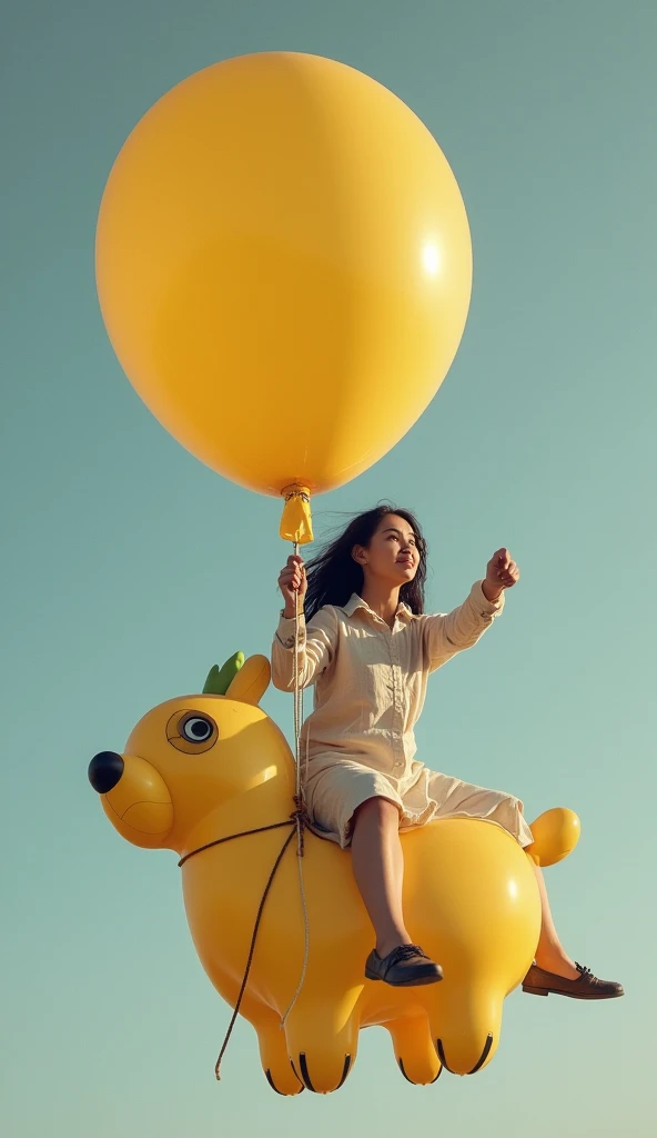 Girl in blazer skirt and sneakers sitting on the side of the head of a balloon dog.