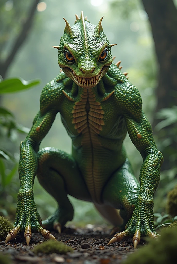 The humanoid being is a hybrid of a lizard and a fish, this being is squatting watching, fotografia de Corpo completo imagem de corpo inteiro. Environment overview.